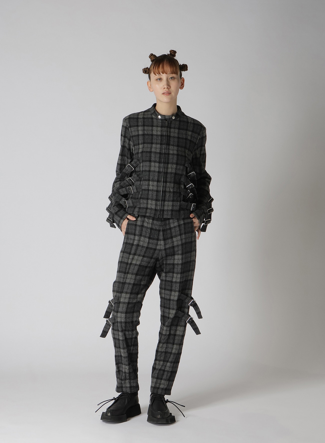 PLAID FLANNEL BELT DETAIL PANTS