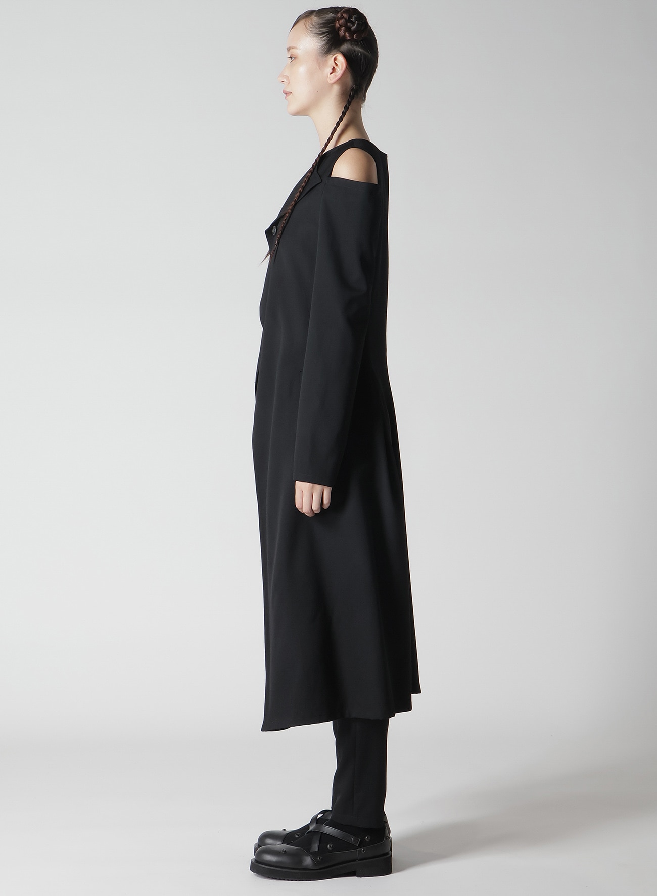 WOOL GABARDINE OPEN SHOULDER DRESS