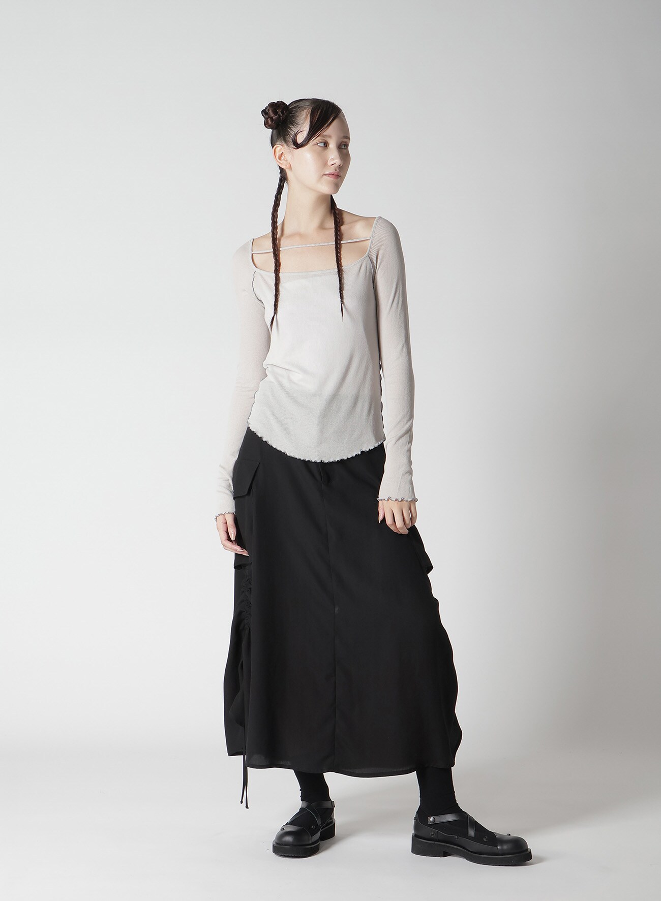 RIB STITCH SQUARE NECK LONG SLEEVE T-SHIRT