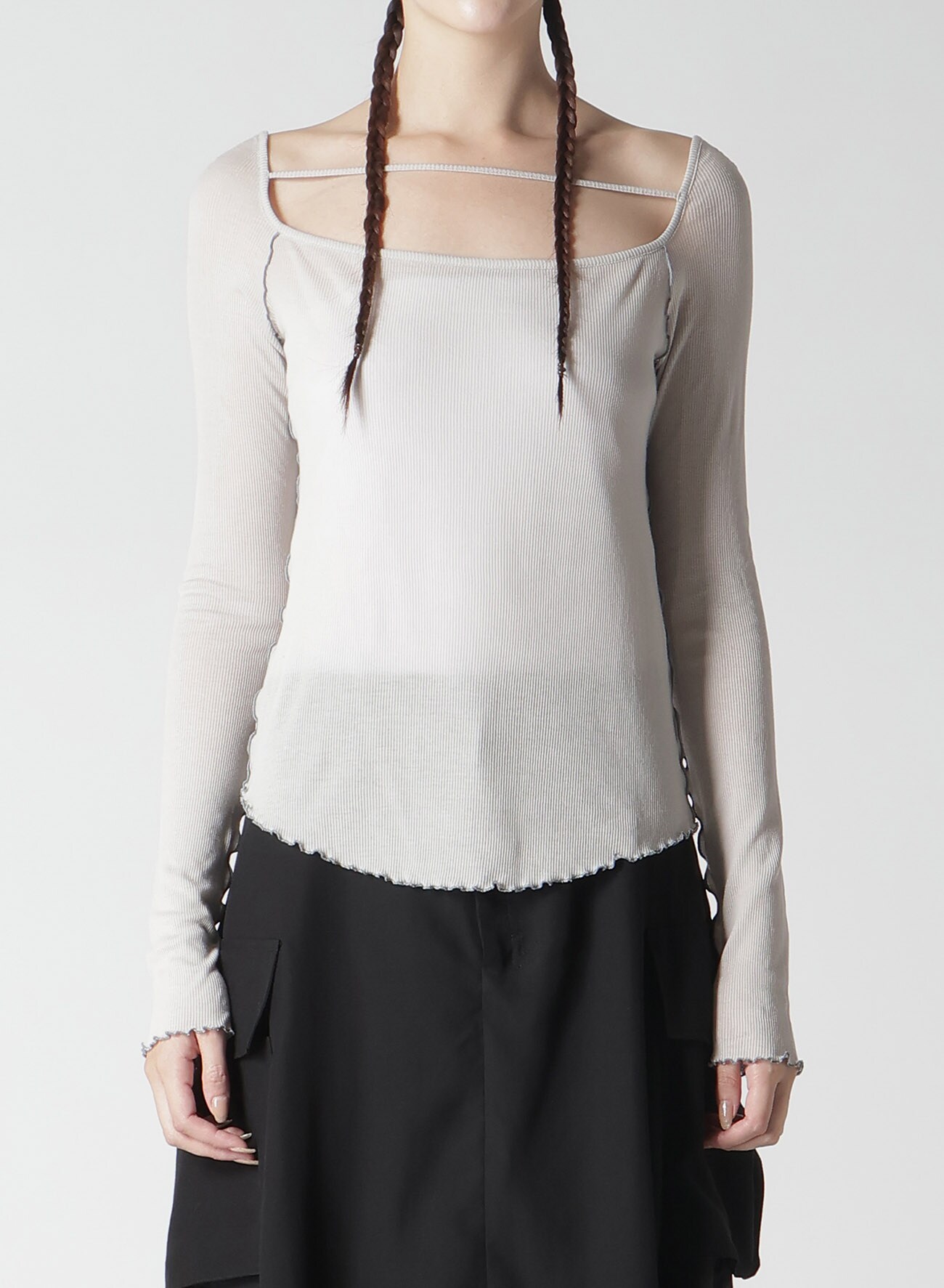 RIB STITCH SQUARE NECK LONG SLEEVE T-SHIRT
