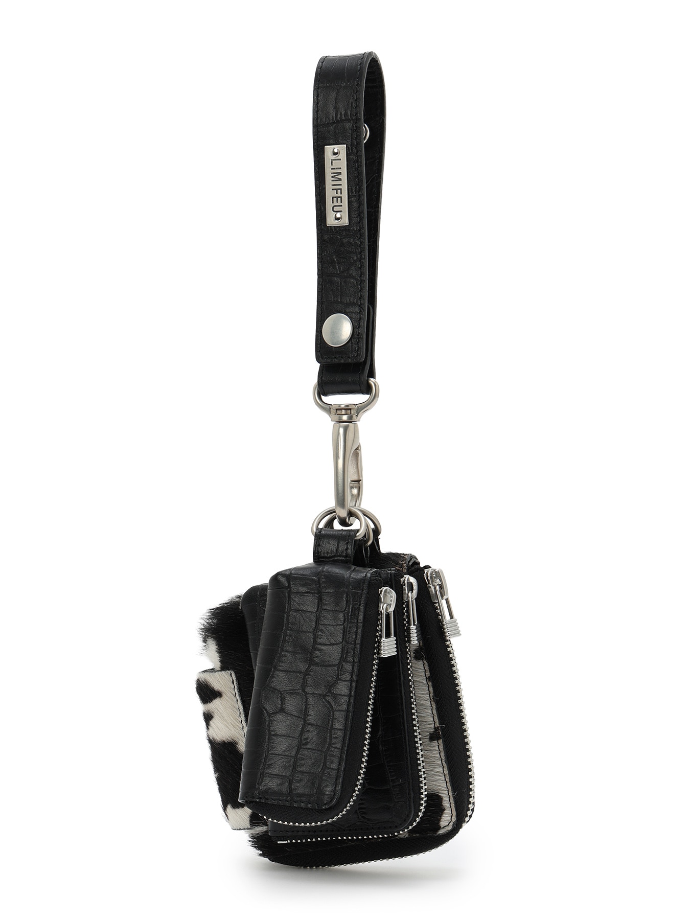 CROCO EMBOSSED LEATHER + HAIRCALF  3LAYERS POUCH