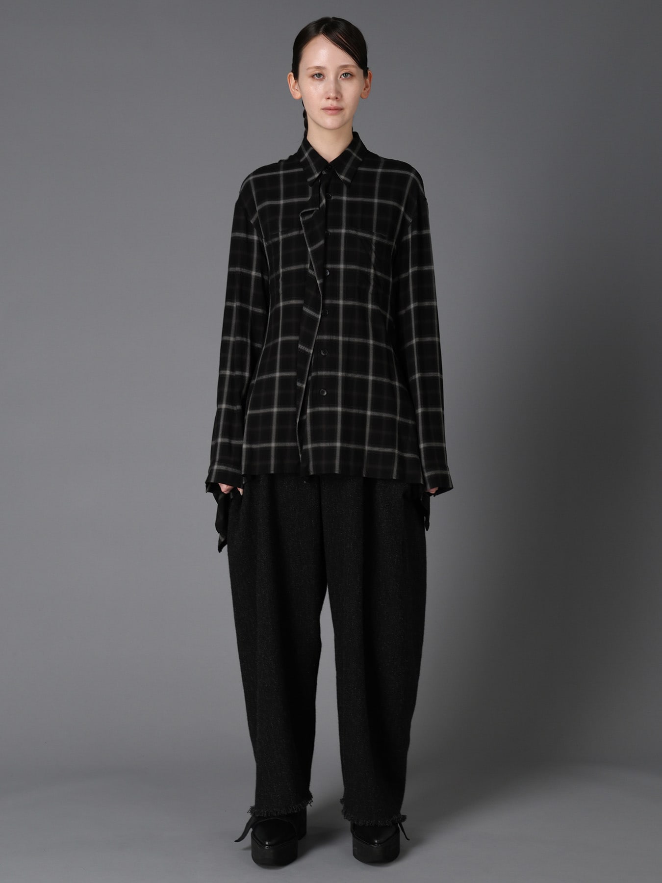 RAYON PLAID FLARED PANEL BLOUSE