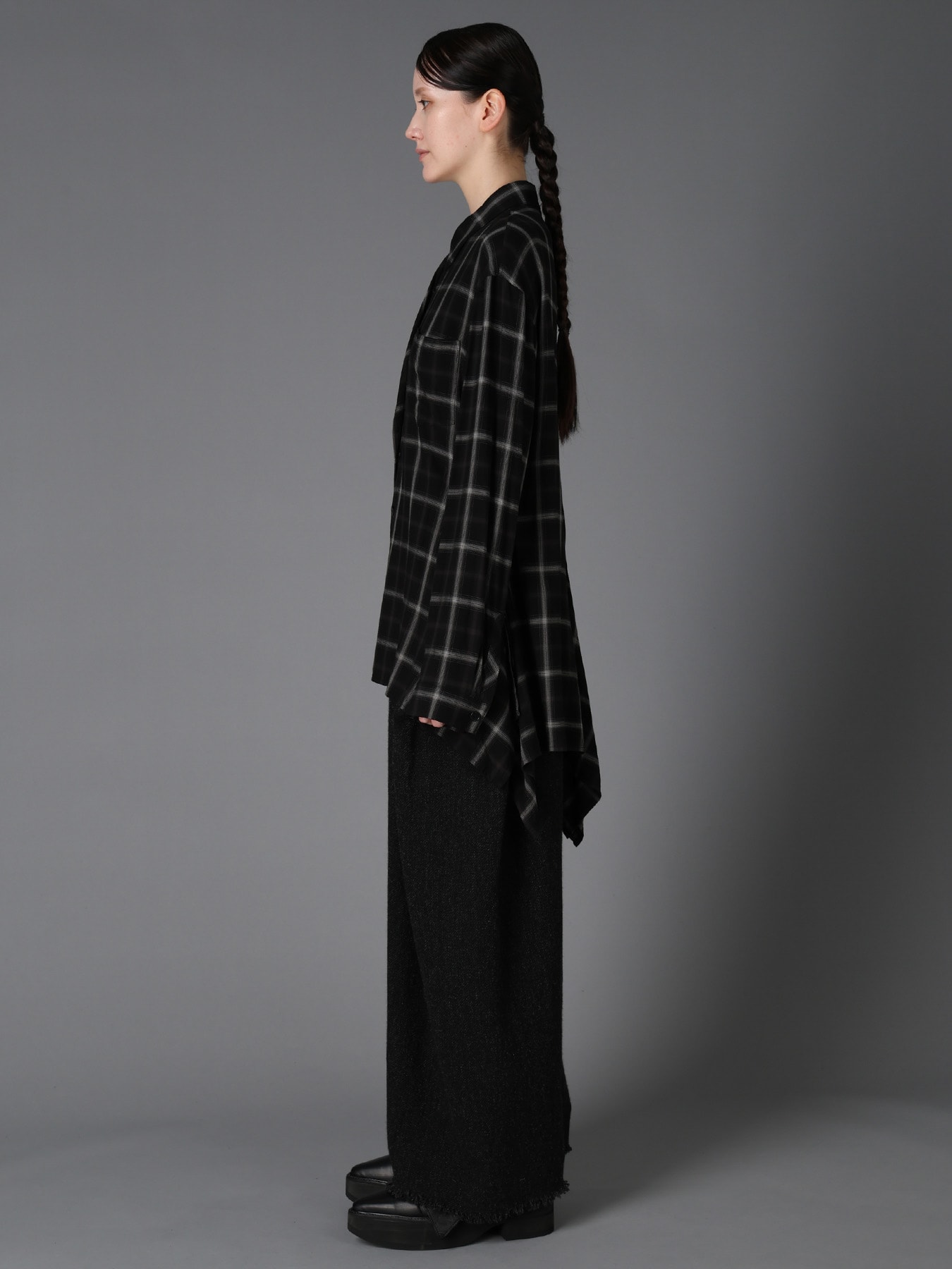 RAYON PLAID FLARED PANEL BLOUSE