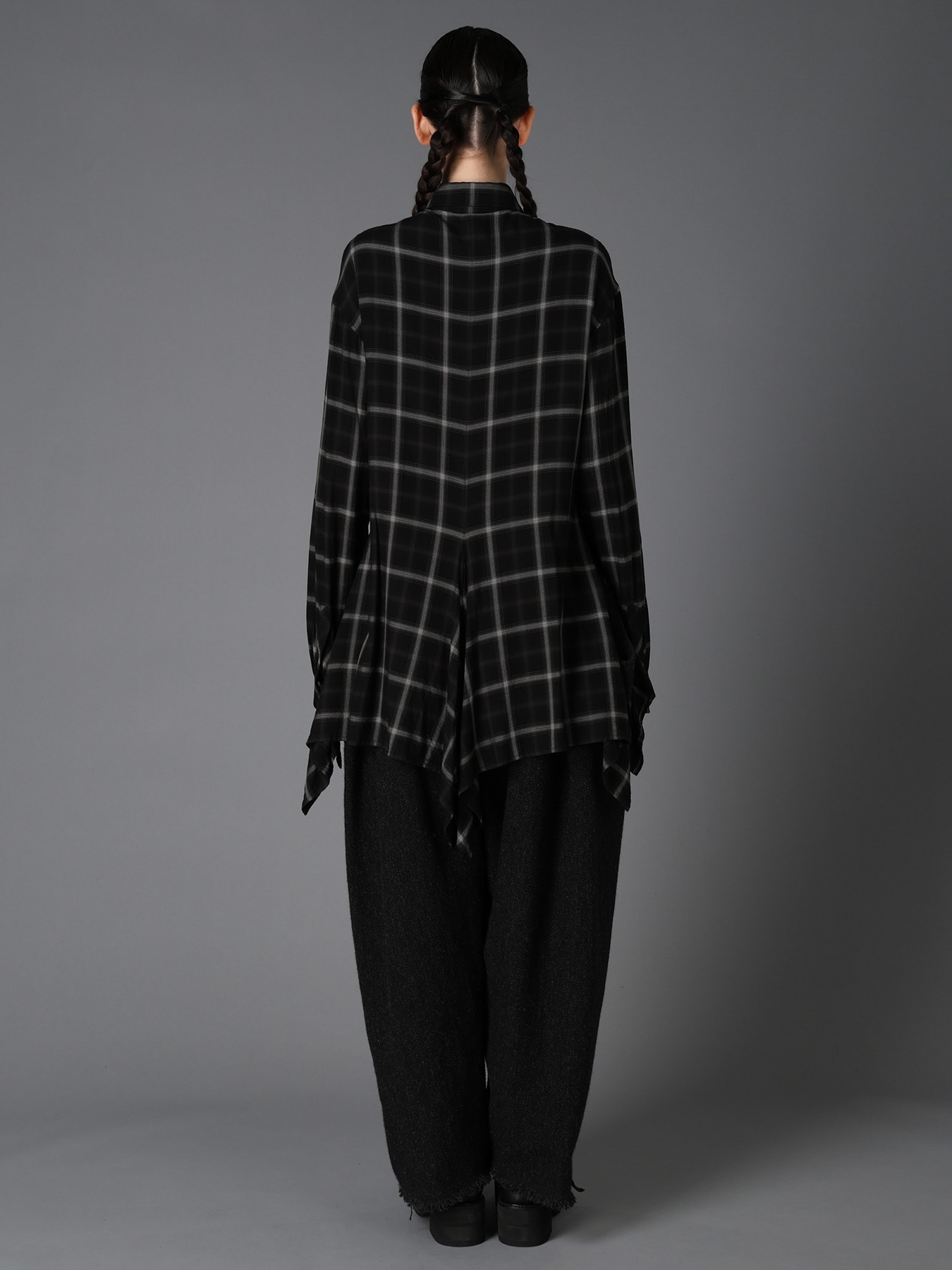 RAYON PLAID FLARED PANEL BLOUSE