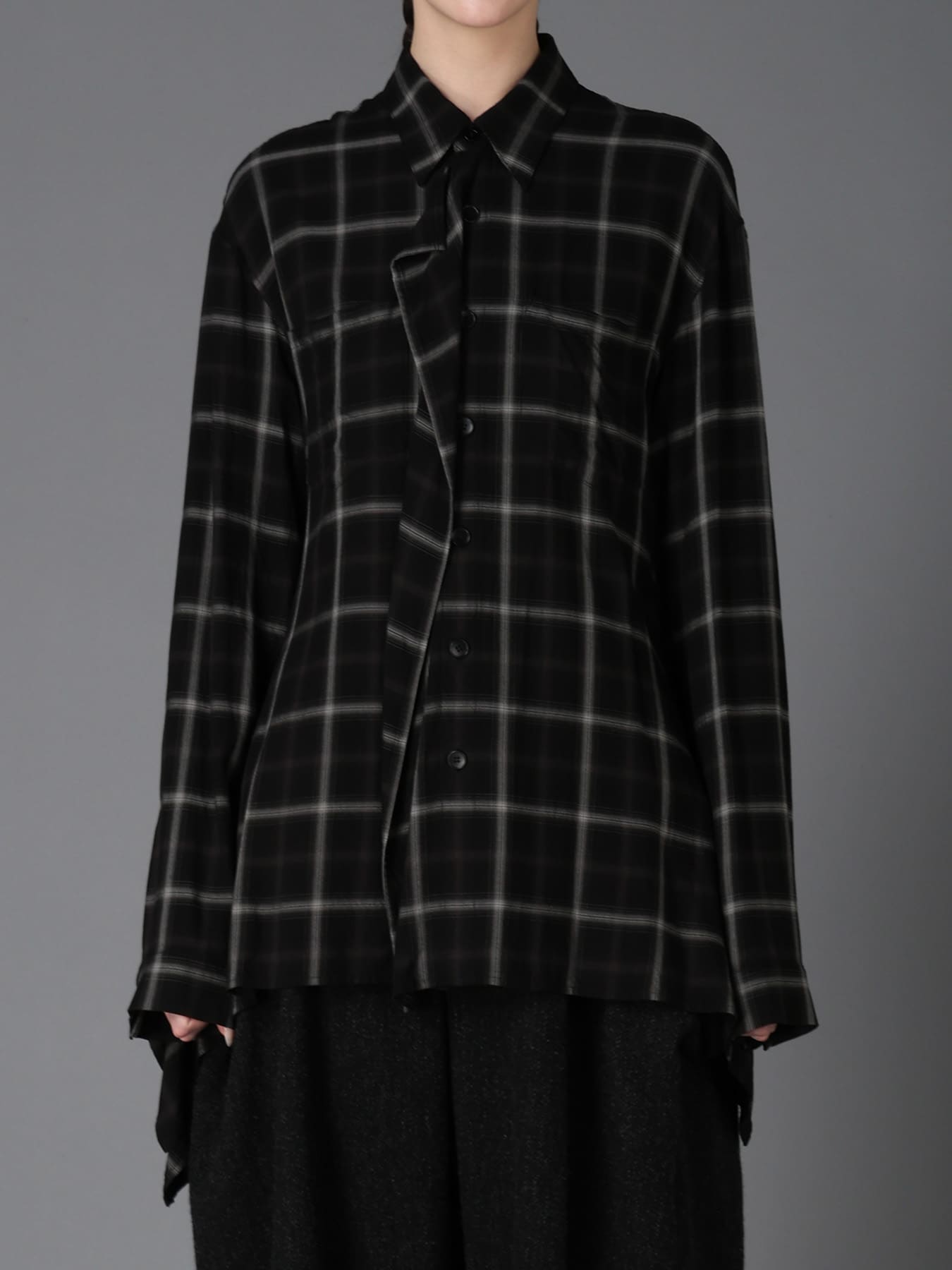 RAYON PLAID FLARED PANEL BLOUSE