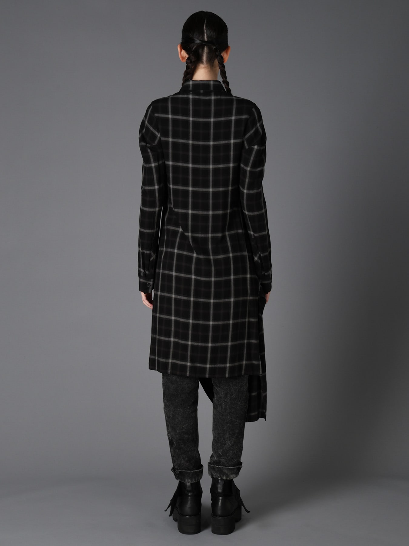 RAYON PLAID DRAPED HEM BLOUSE