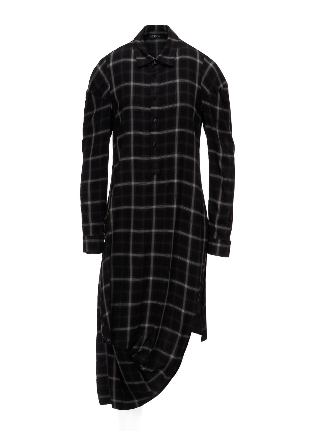 RAYON PLAID DRAPED HEM BLOUSE