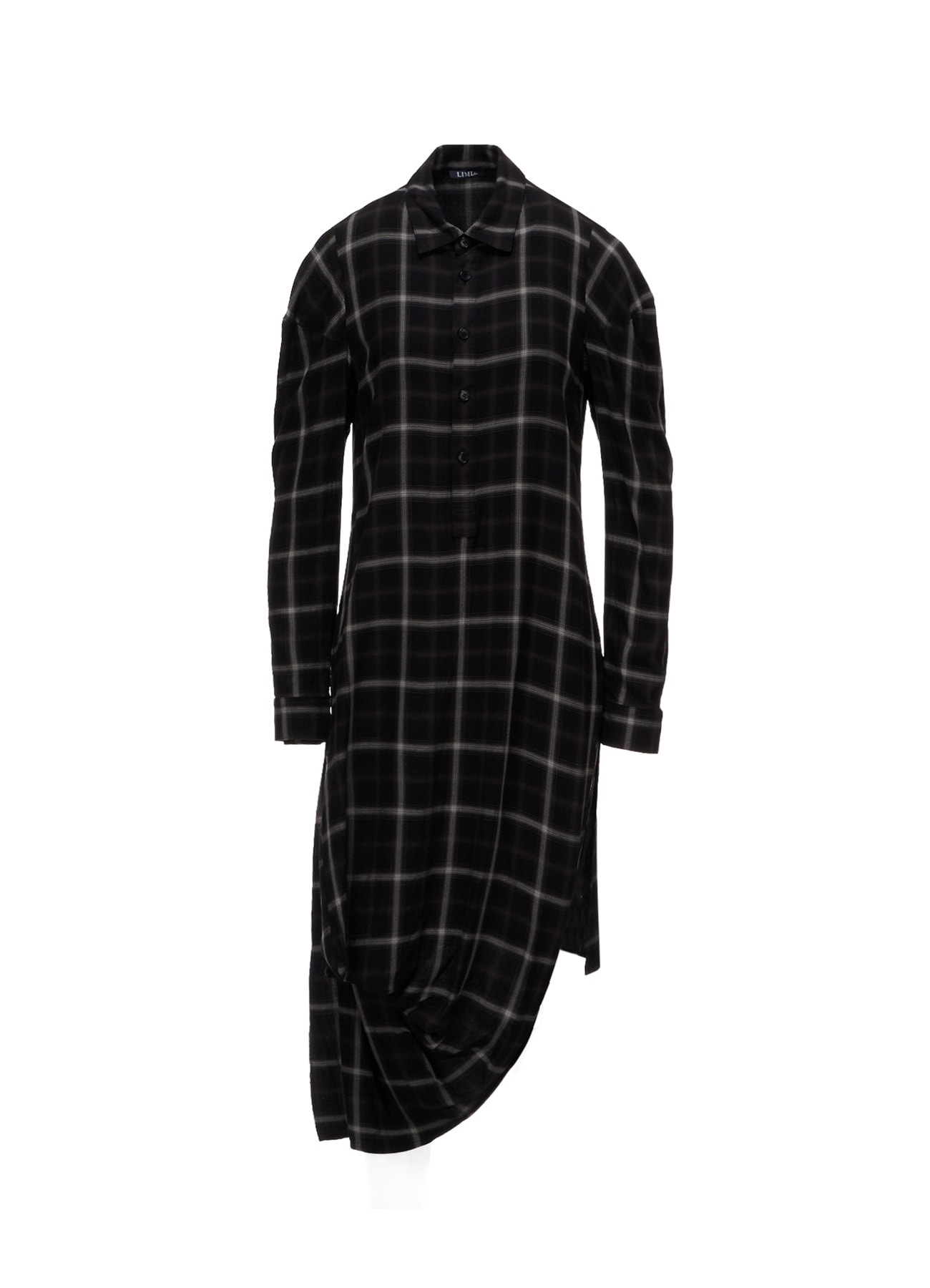 RAYON PLAID DRAPED HEM BLOUSE