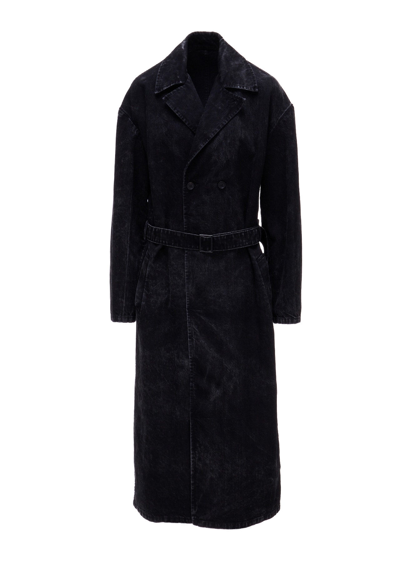 CHEMICAL BLEACHED DENIM DOUBLE LONG COAT(S Black): LIMI feu｜THE