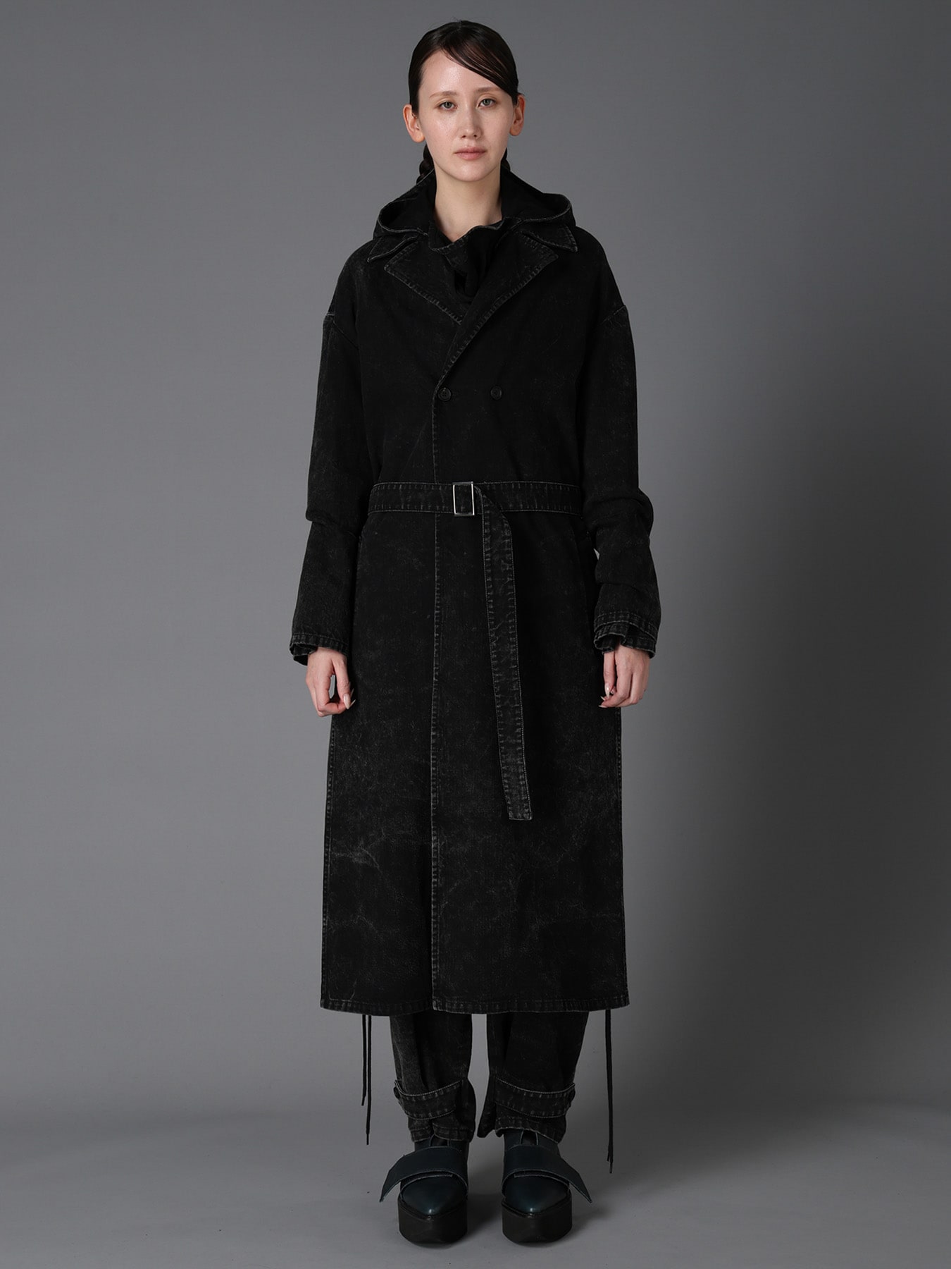 CHEMICAL BLEACHED DENIM DOUBLE LONG COAT(S Black): LIMI feu｜THE