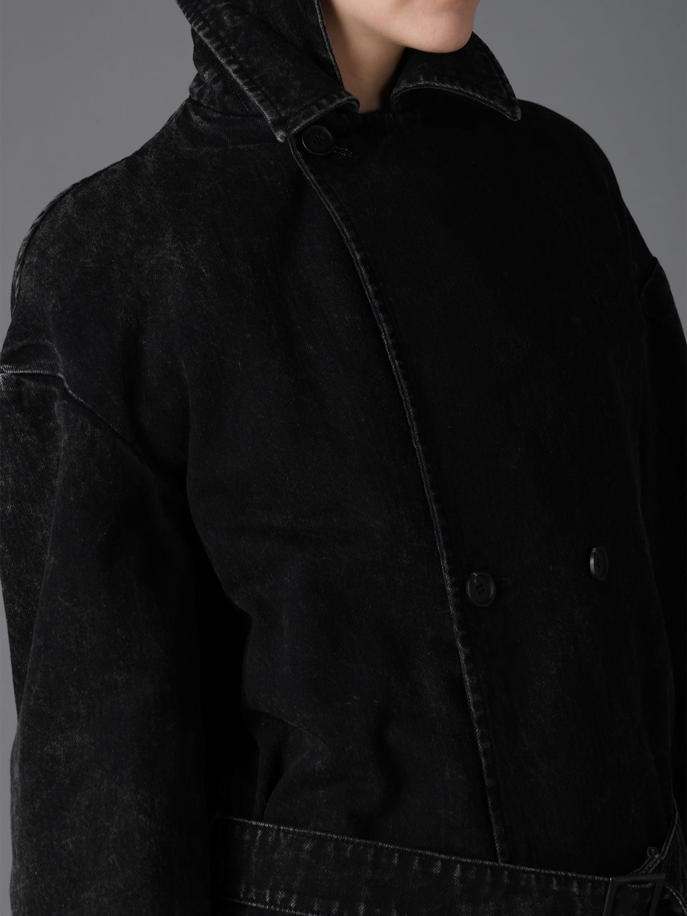 CHEMICAL BLEACHED DENIM DOUBLE LONG COAT