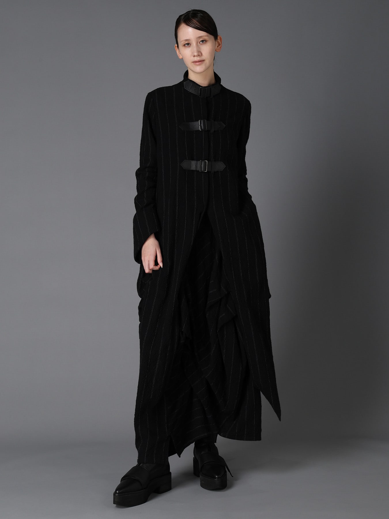 C/W STRIPE  BELTED LONG SLIT COAT