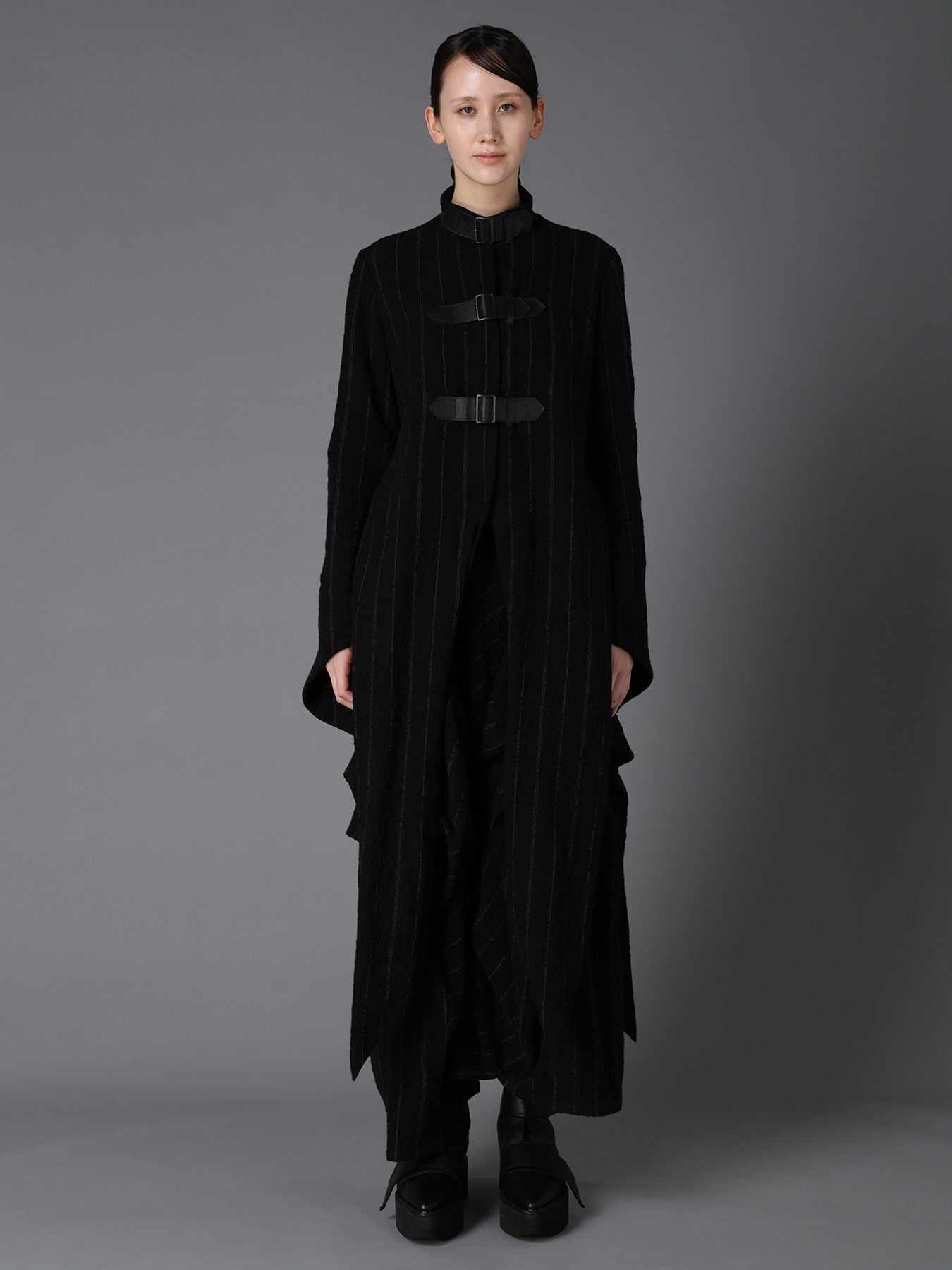 C/W STRIPE  BELTED LONG SLIT COAT