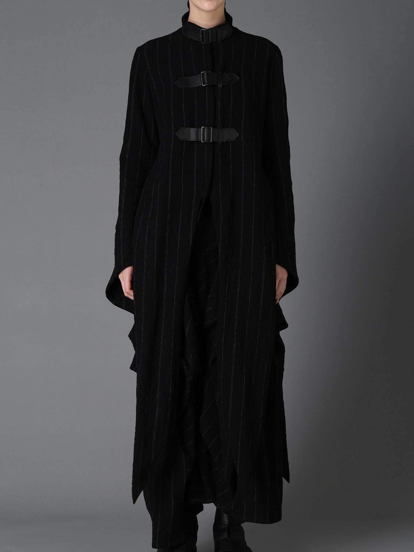 C/W STRIPE  BELTED LONG SLIT COAT