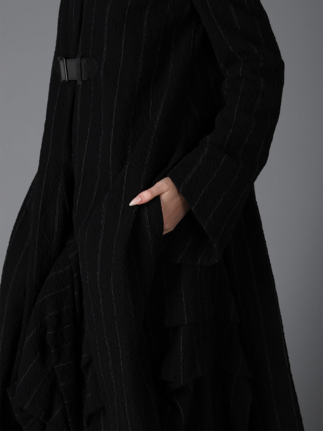 C/W STRIPE  BELTED LONG SLIT COAT