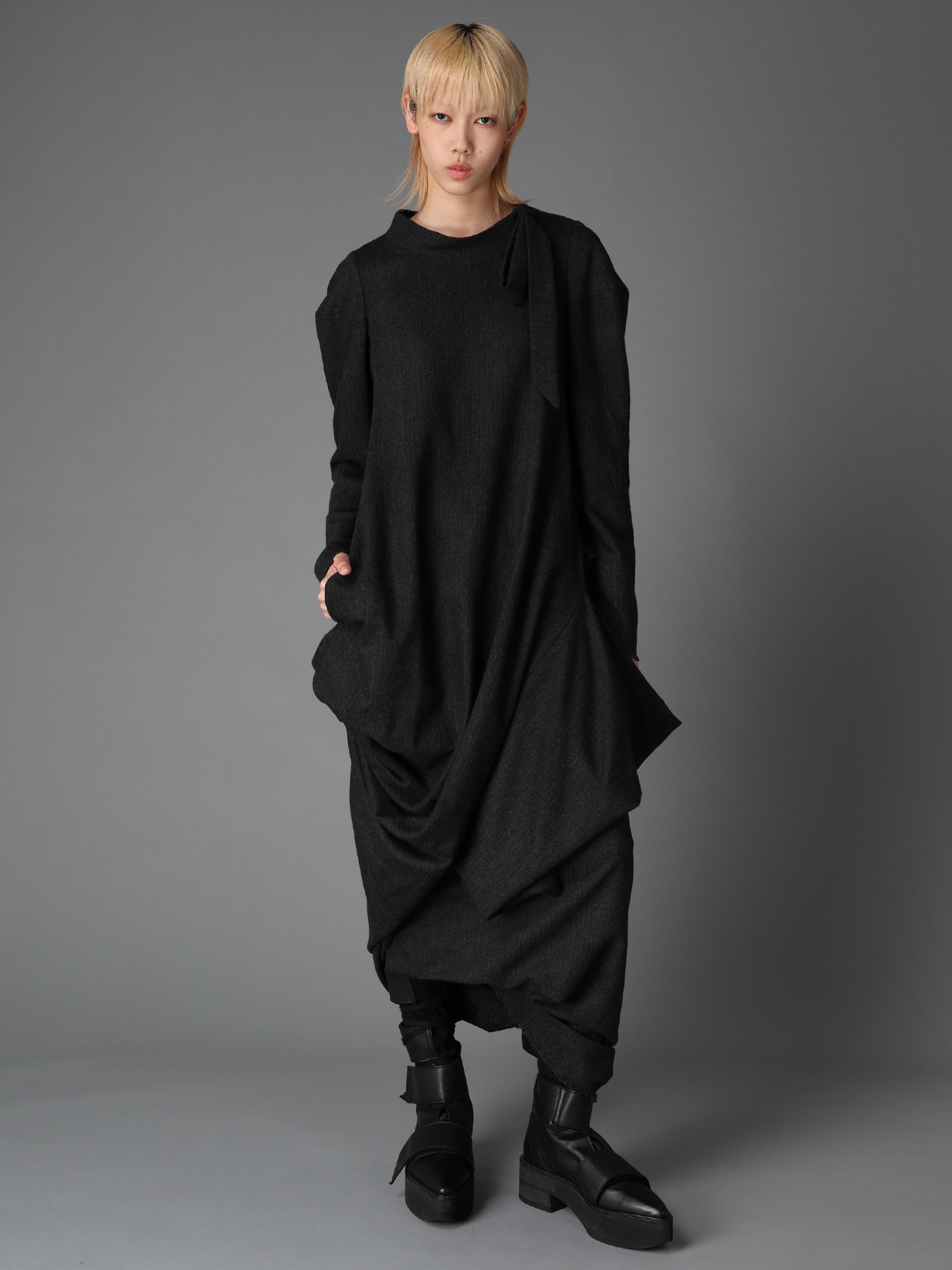 WOOL HERRINGBONE DRAPED DRESS