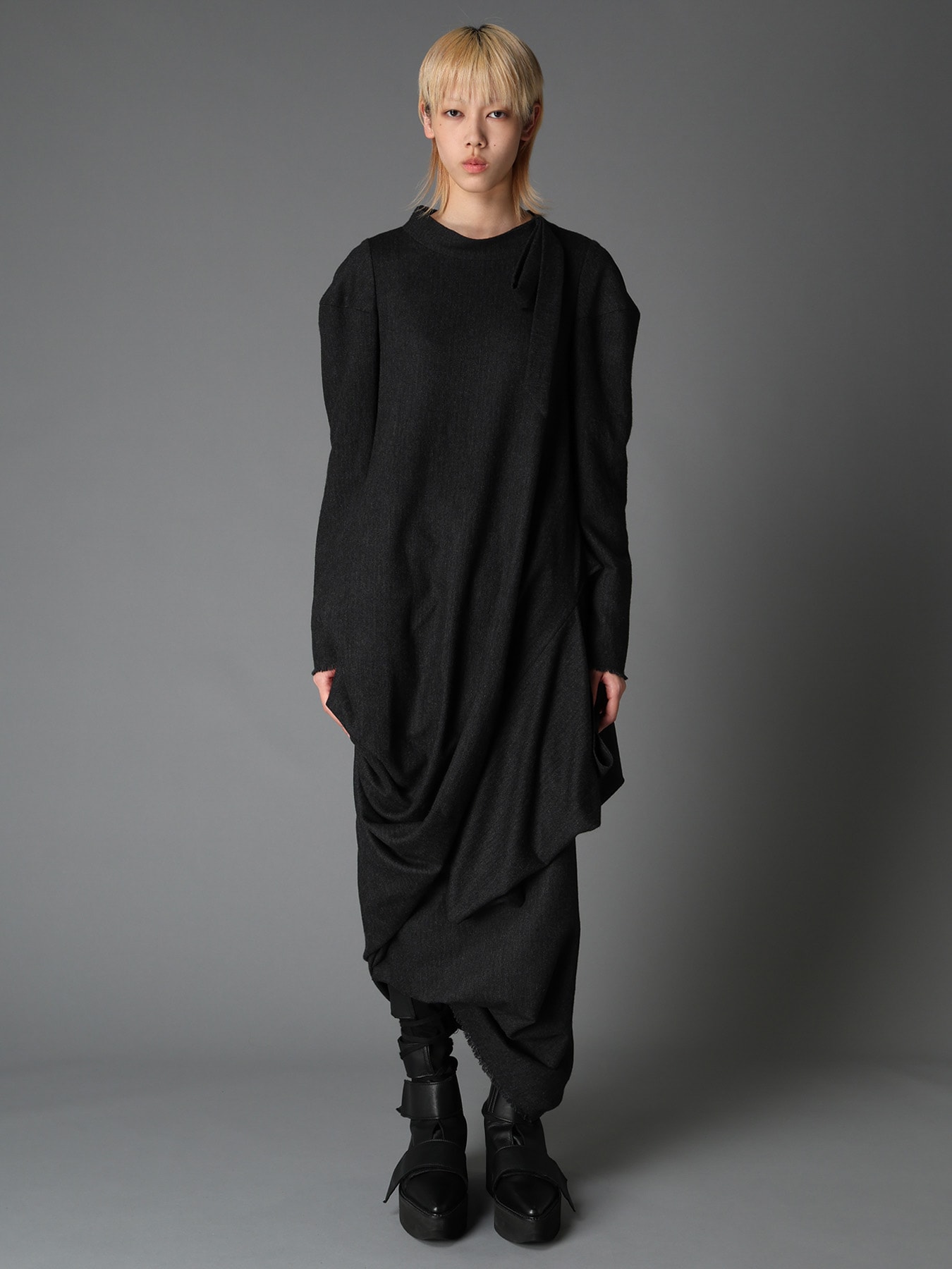 WOOL HERRINGBONE DRAPED DRESS