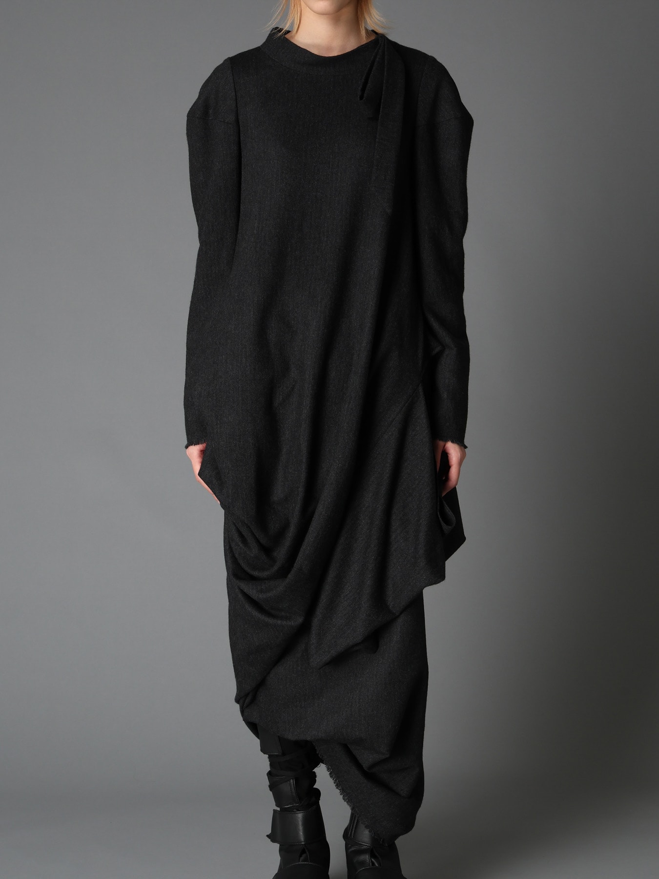 WOOL HERRINGBONE DRAPED DRESS