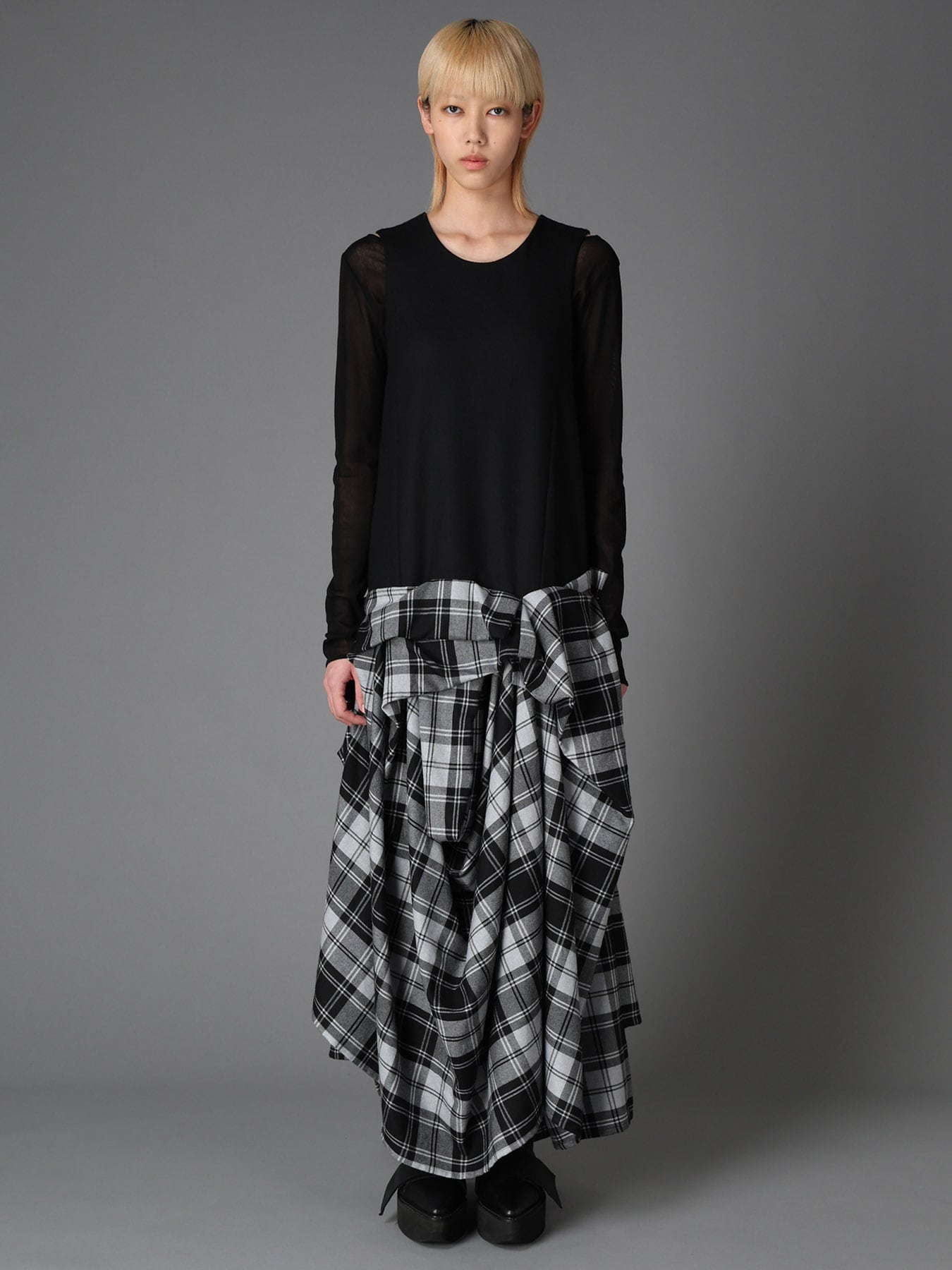 GREY TARTAN DRAPED SKIRT DRESS