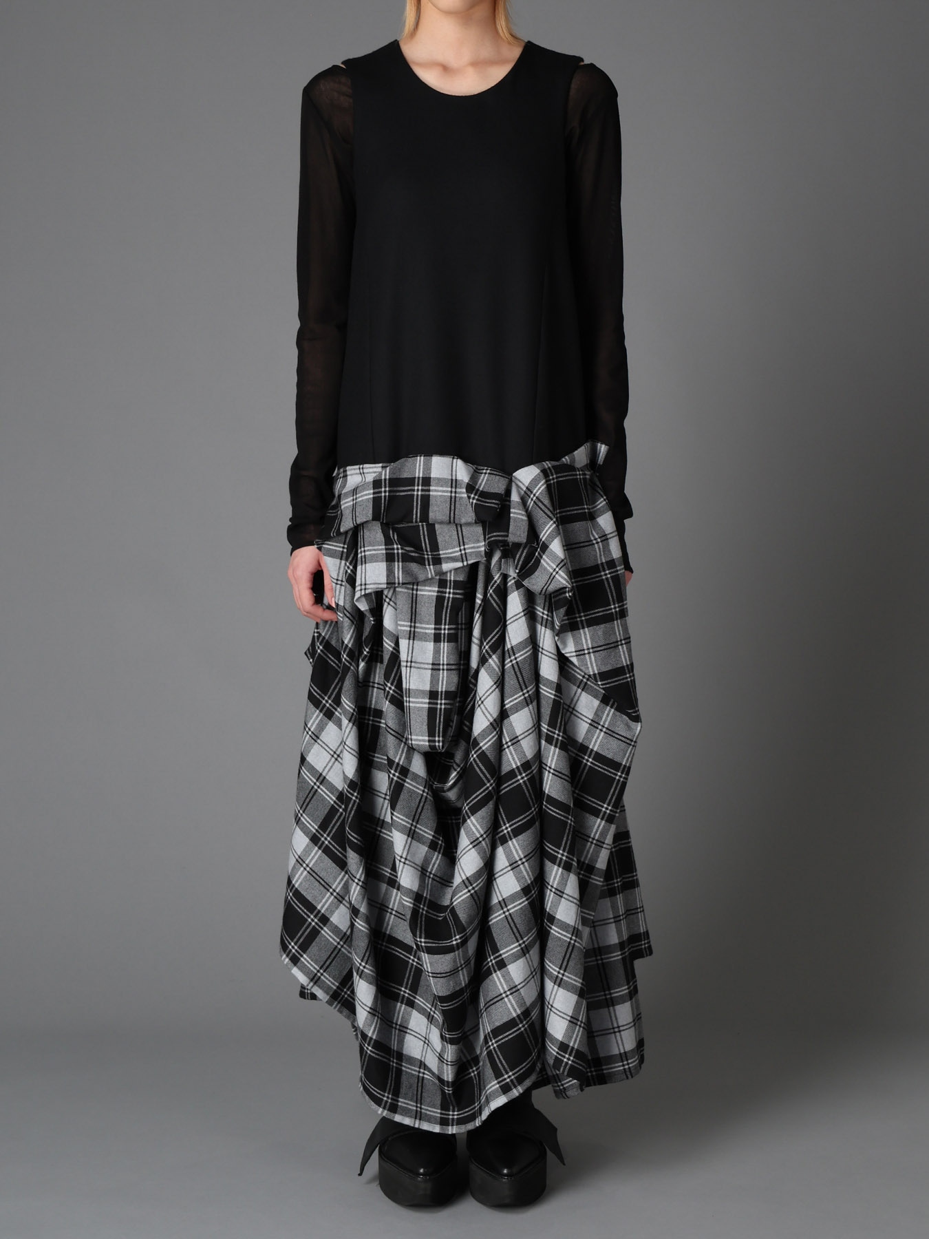 GREY TARTAN DRAPED SKIRT DRESS