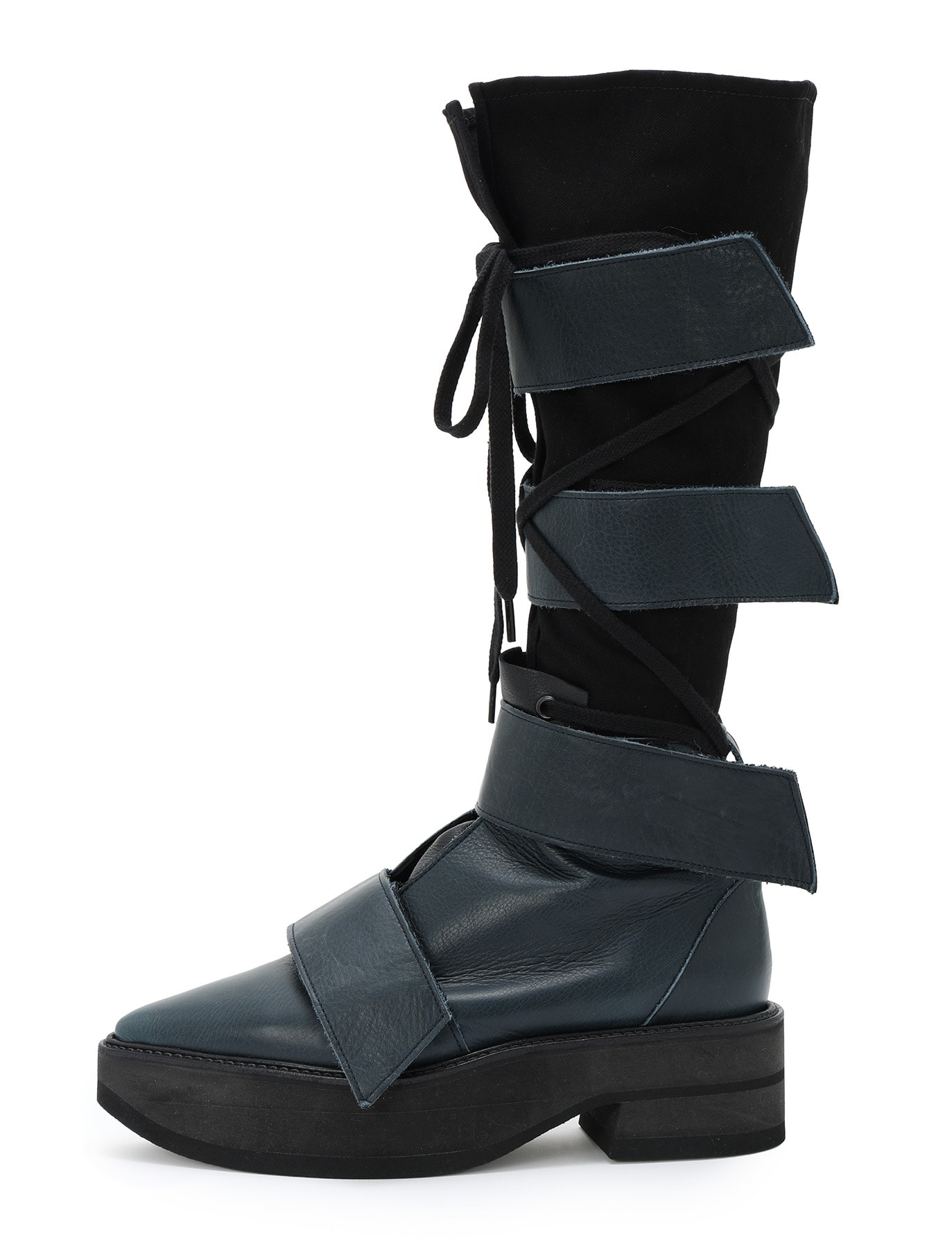 MATTE LEATHER+10-OUNCE DENIM 2-WAY BELTED LACE-UP ANKLE BOOTS