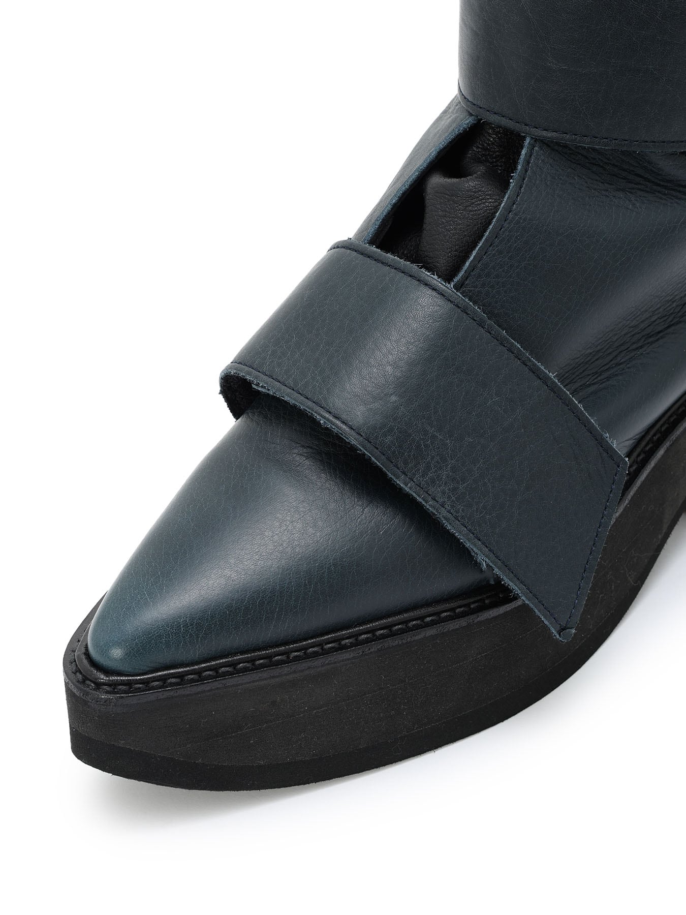 MATTE LEATHER+10-OUNCE DENIM 2-WAY BELTED LACE-UP ANKLE BOOTS