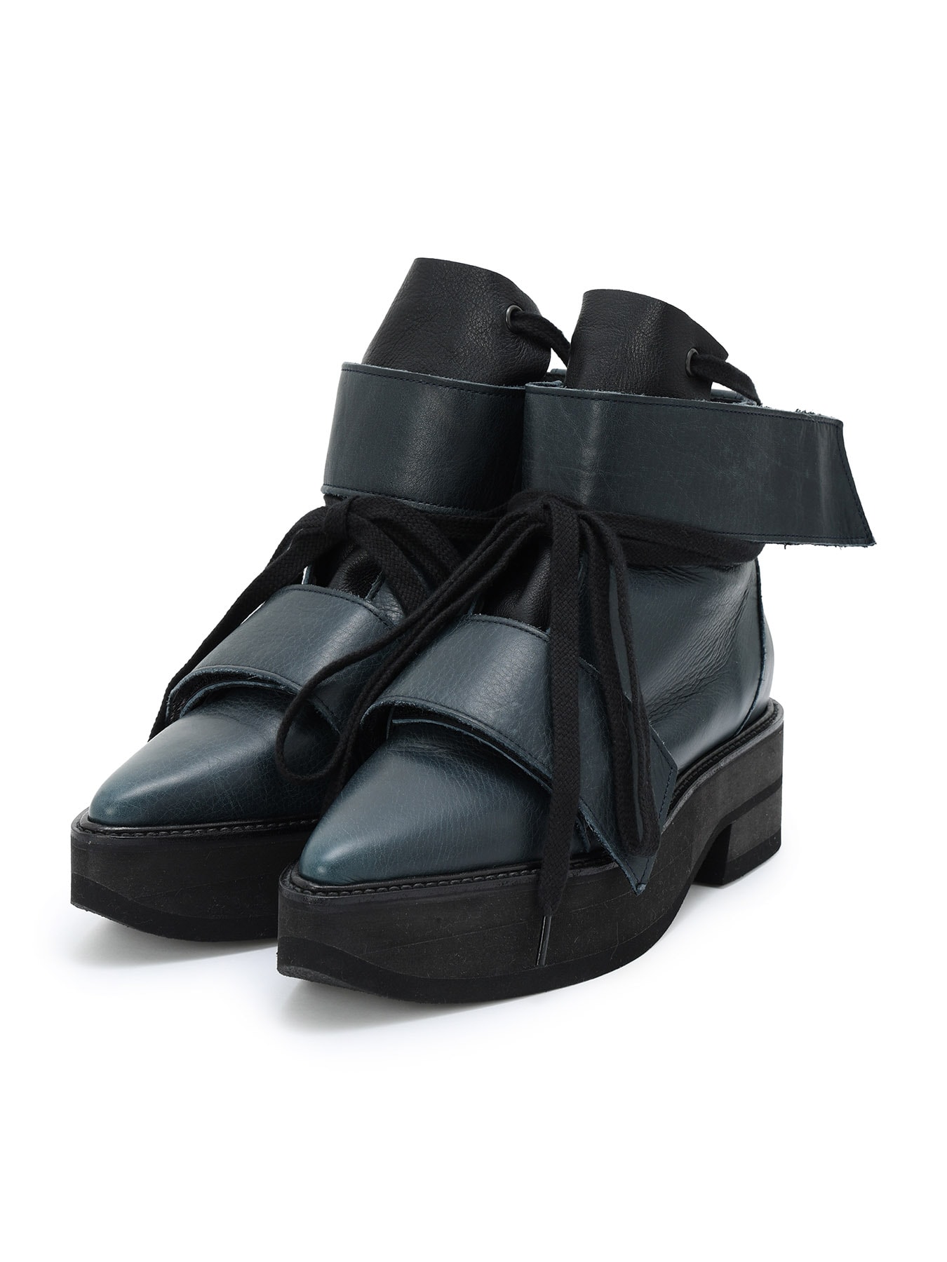 MATTE LEATHER+10-OUNCE DENIM 2-WAY BELTED LACE-UP ANKLE BOOTS