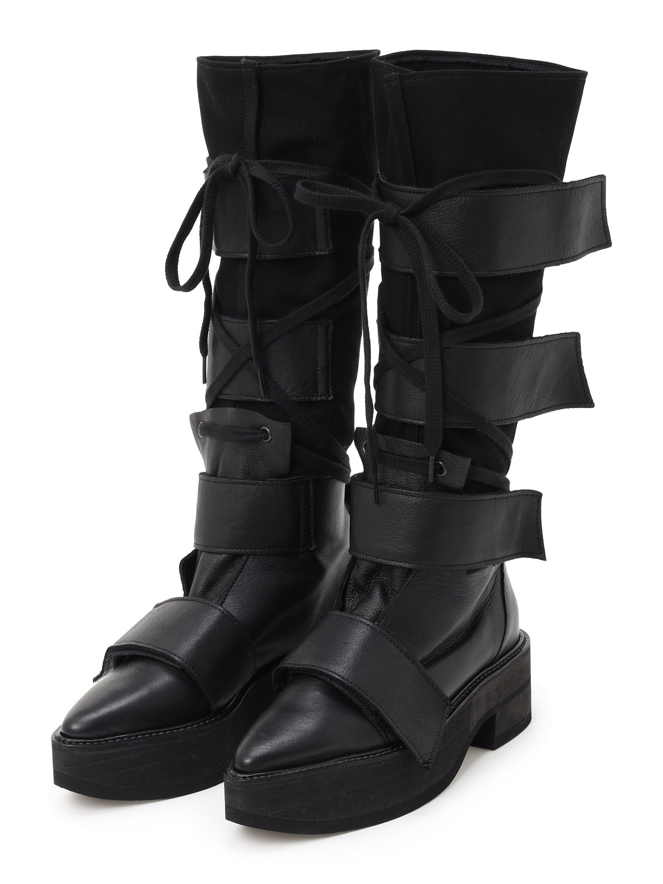 MATTE LEATHER+10-OUNCE DENIM 2-WAY BELTED LACE-UP ANKLE BOOTS