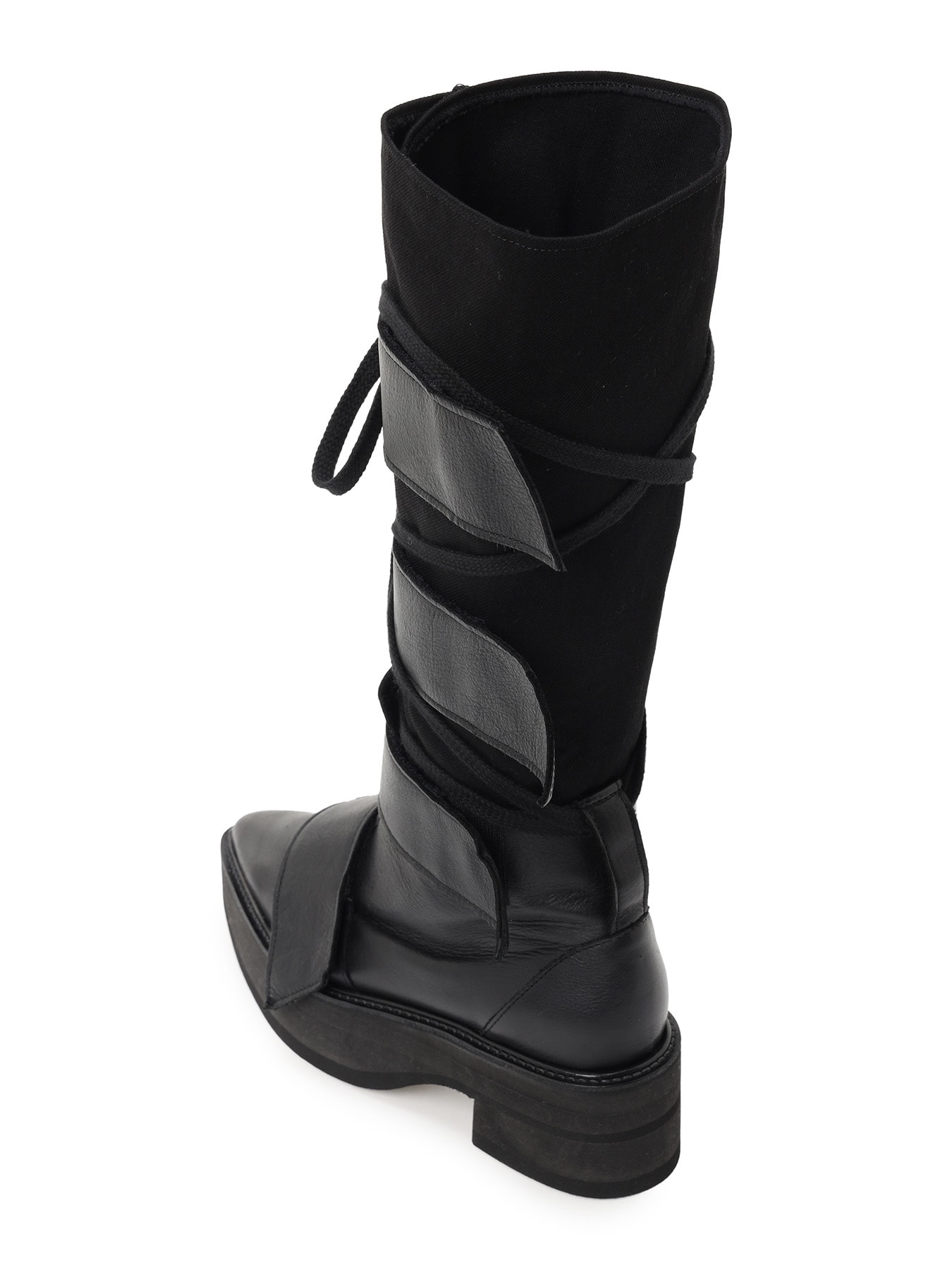 MATTE LEATHER+10-OUNCE DENIM 2-WAY BELTED LACE-UP ANKLE BOOTS