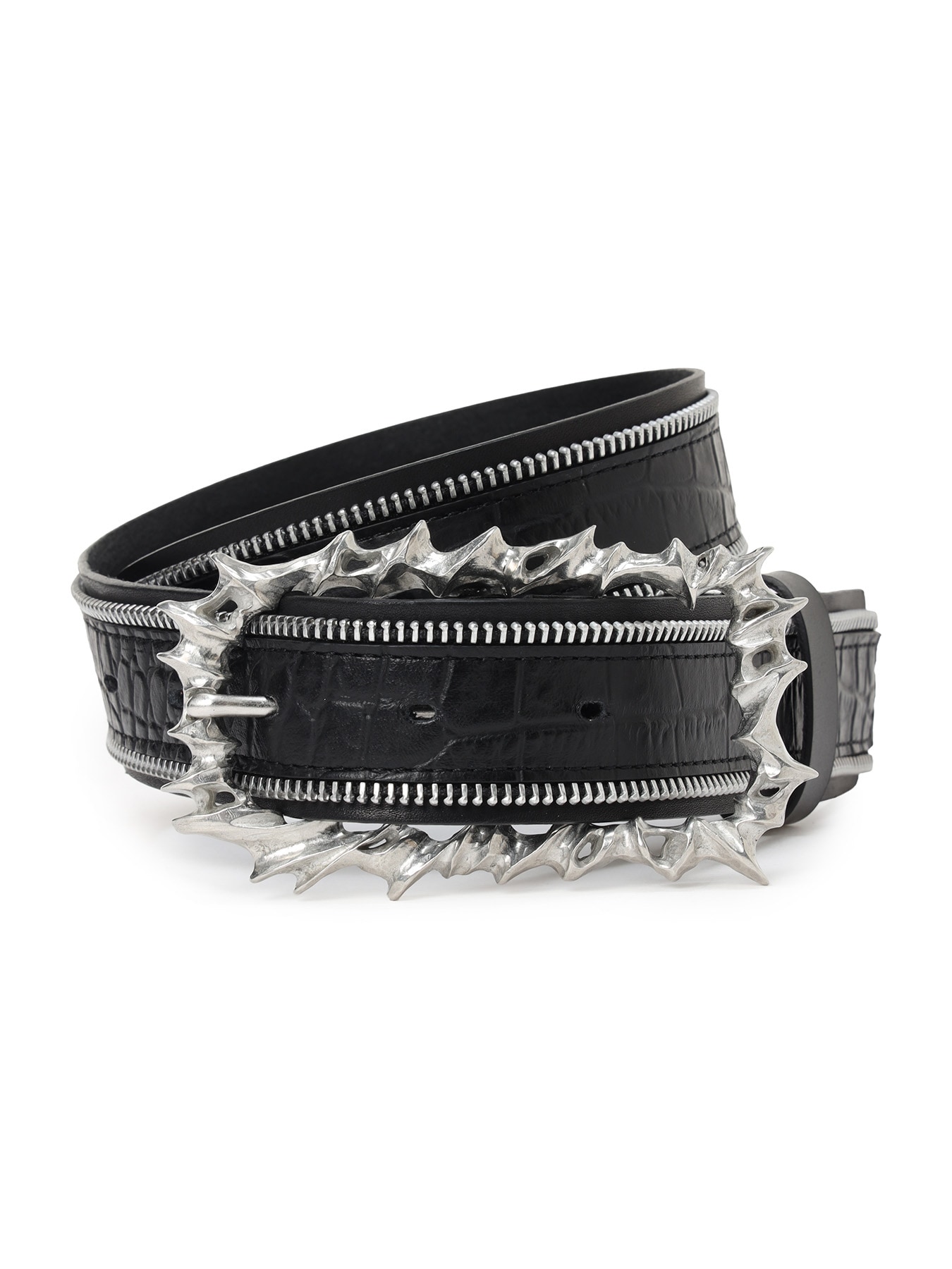 CROCO EMBOSSED LEATHER+KIP LEATHER  ZIP DETAIL BELT