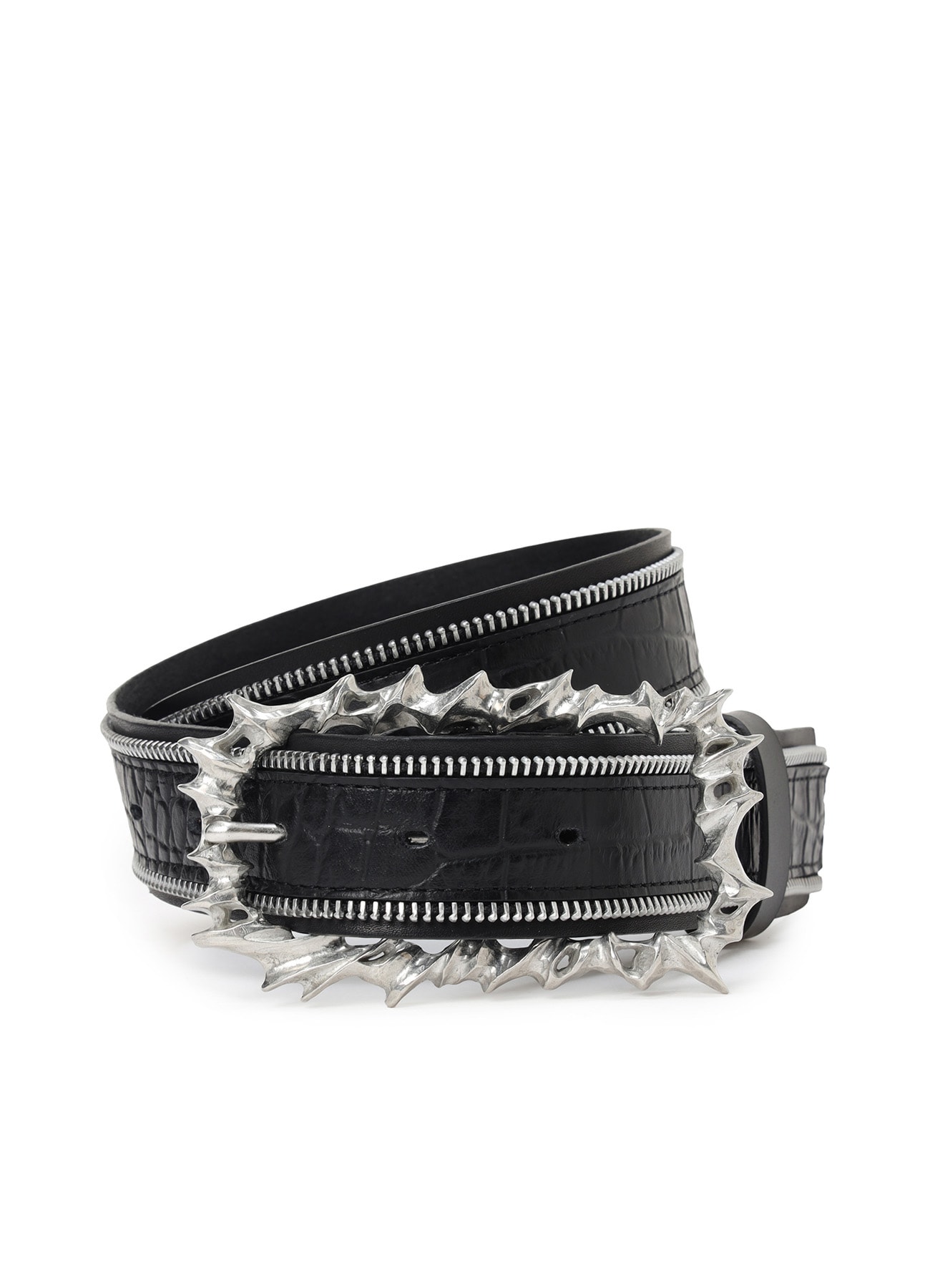 CROCO EMBOSSED LEATHER+KIP LEATHER  ZIP DETAIL BELT
