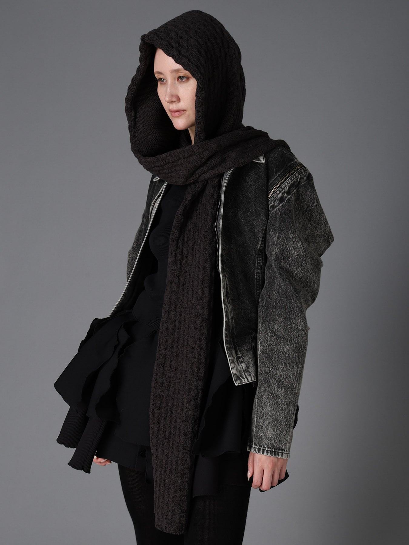 BOBBLE RIB KNIT HOODED SCARF