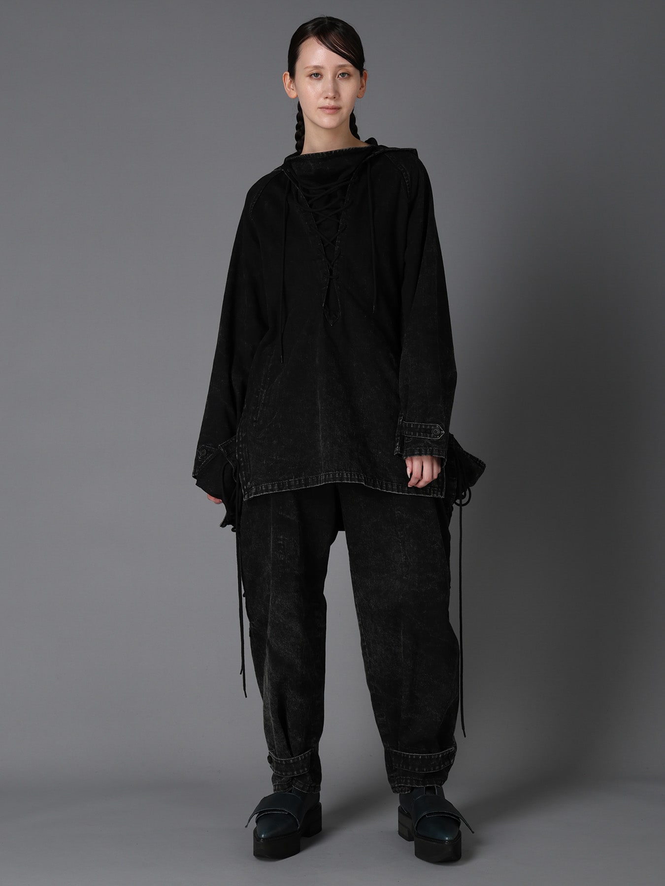 LIMI feu ヨウジヤマモト ワイズ　デニム　タイトスカート　ダブルウエスト CHEMICAL BLEACHED DENIM LACE UP PANTS(S Black): LIMI feu｜THE SHOP