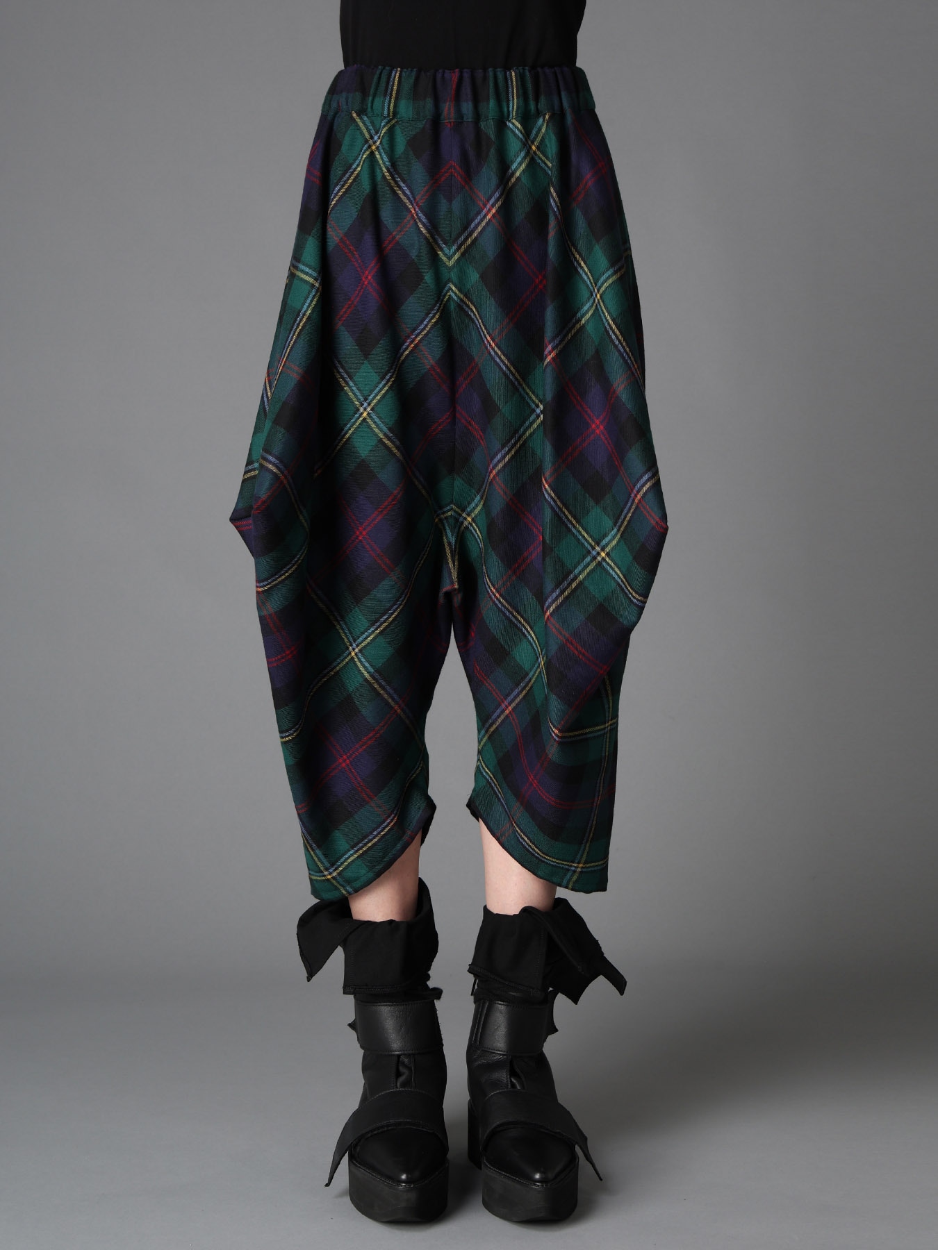 GREEN TARTAN WIDE TUCK PANTS