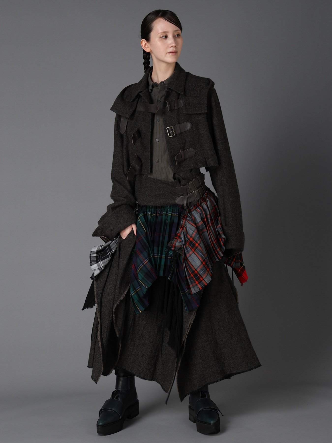 SERGE+PLAID PLEATED DETAIL SKIRT(S Brown): LIMI feu｜THE SHOP