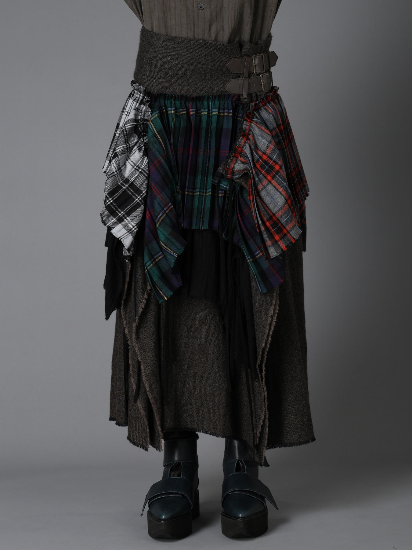 LIMI feu ヨウジヤマモト ワイズ　デニム　タイトスカート　ダブルウエスト SERGE+PLAID PLEATED DETAIL SKIRT(S Brown): LIMI feu｜THE SHOP