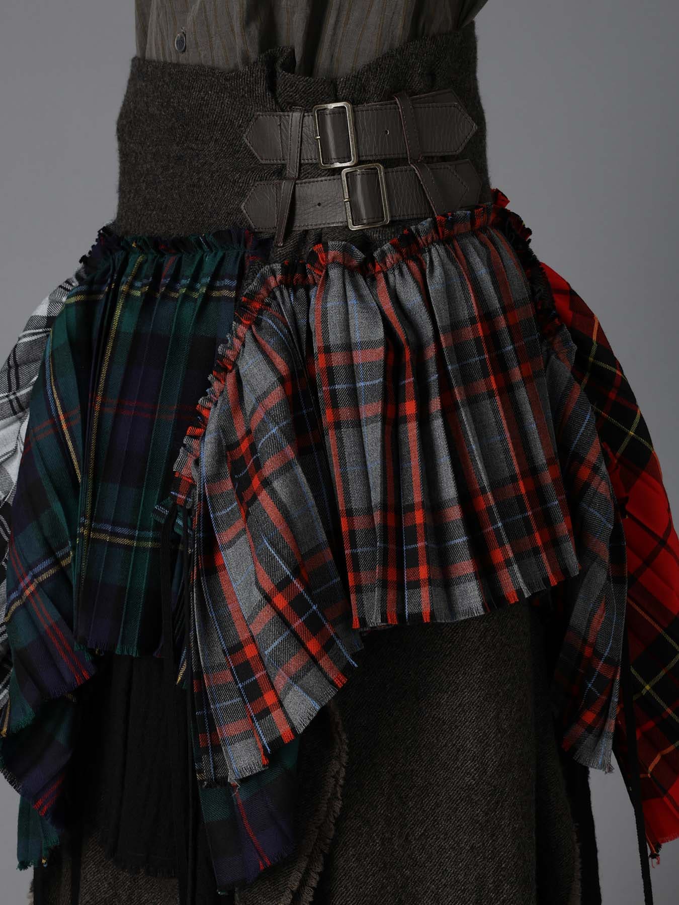 SERGE+PLAID PLEATED DETAIL SKIRT