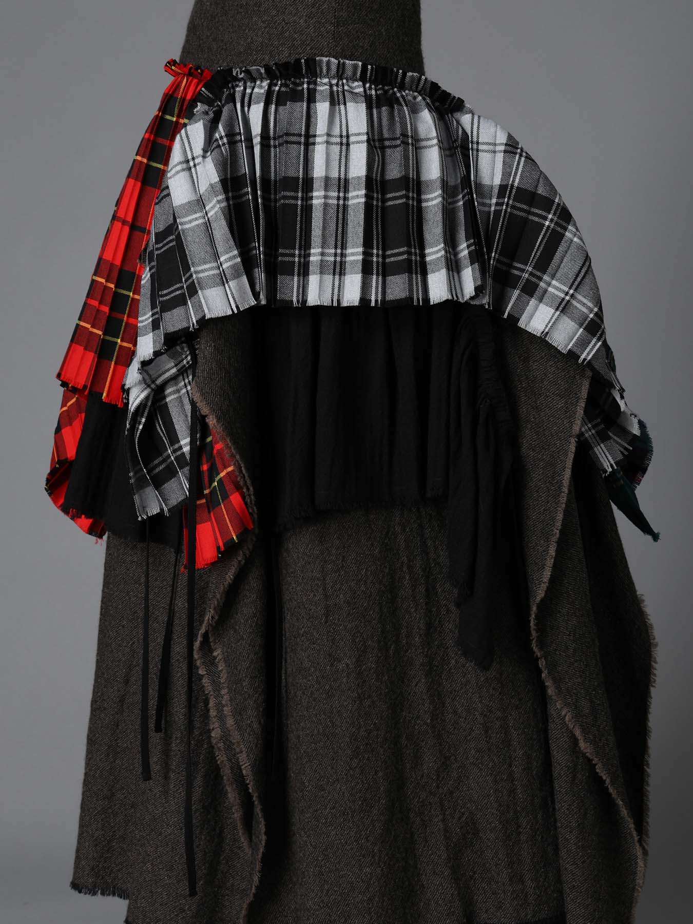SERGE+PLAID PLEATED DETAIL SKIRT