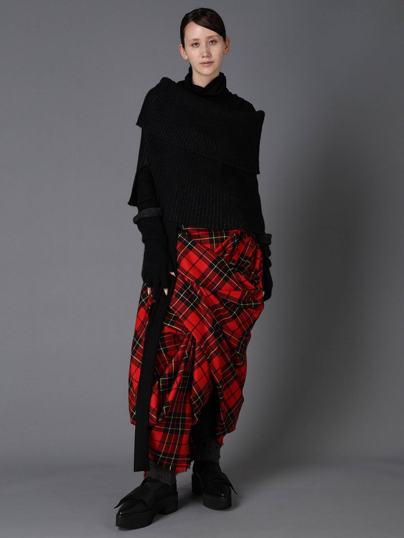 RED TARTAN DRAPED SKIRT