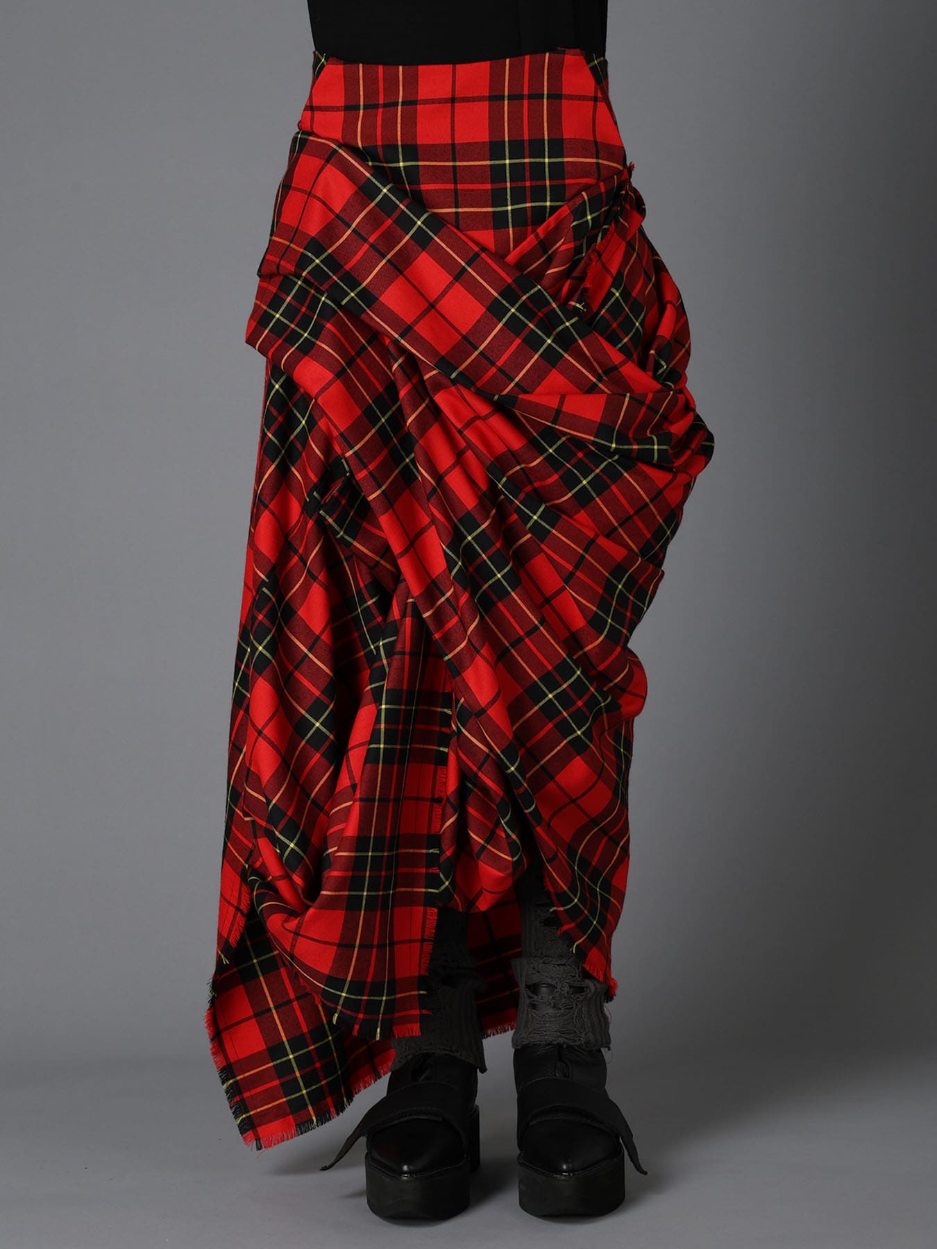 RED TARTAN DRAPED SKIRT