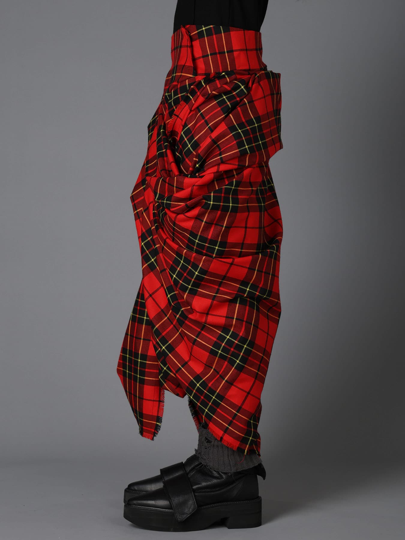 RED TARTAN DRAPED SKIRT