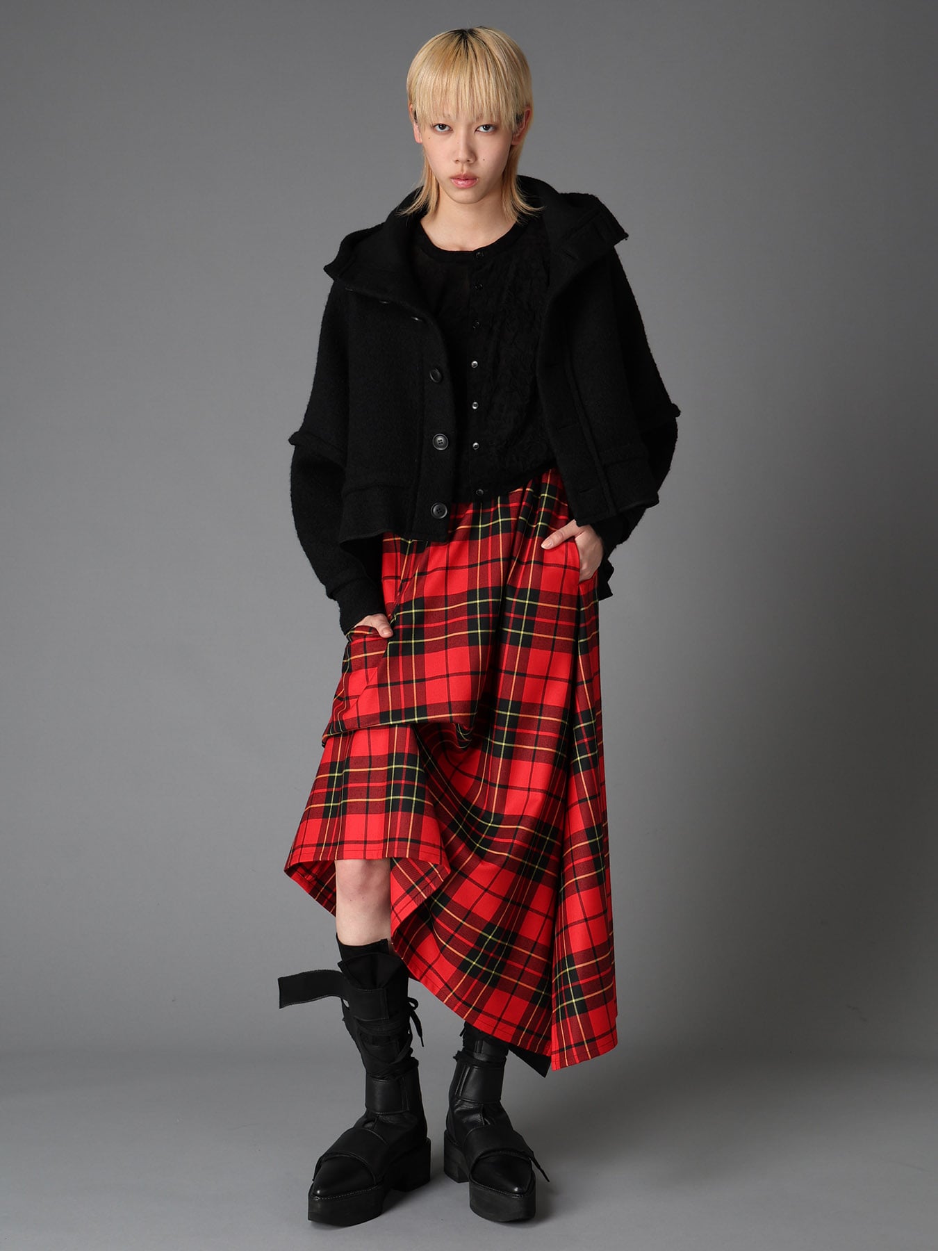 RED TARTAN IRREGULAR HEM LINE SKIRT