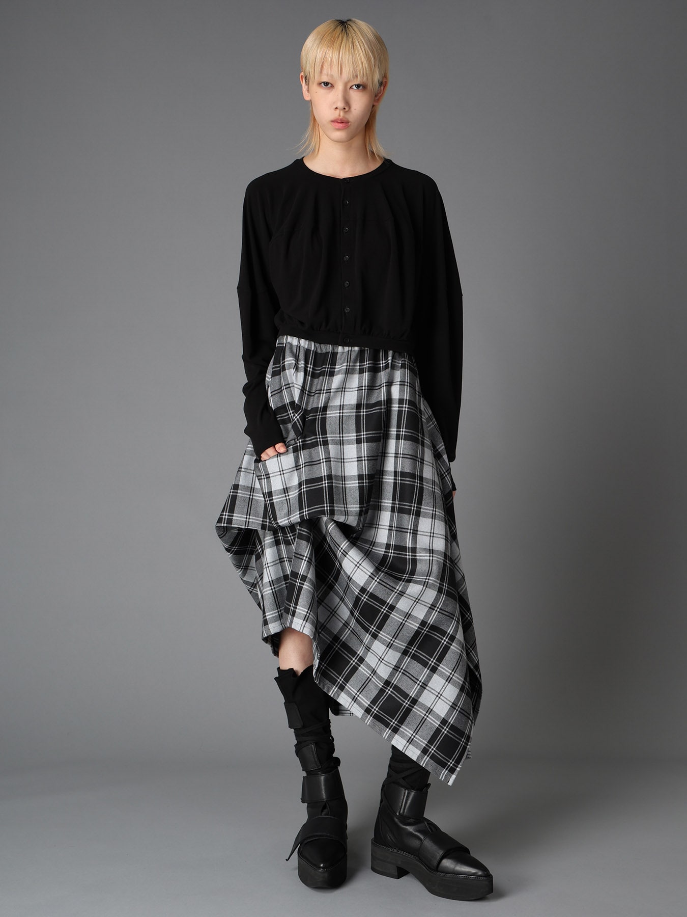 GREY TARTAN IRREGULAR HEM LINE SKIRT