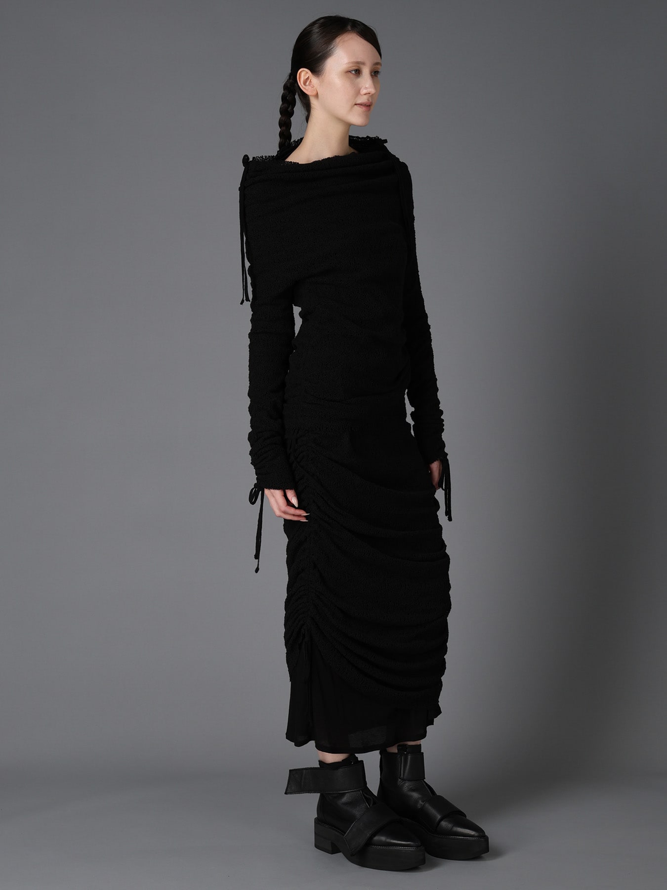 LACE+RIB KNIT GATHERED SLIM T(S Black): LIMI feu｜THE SHOP YOHJI