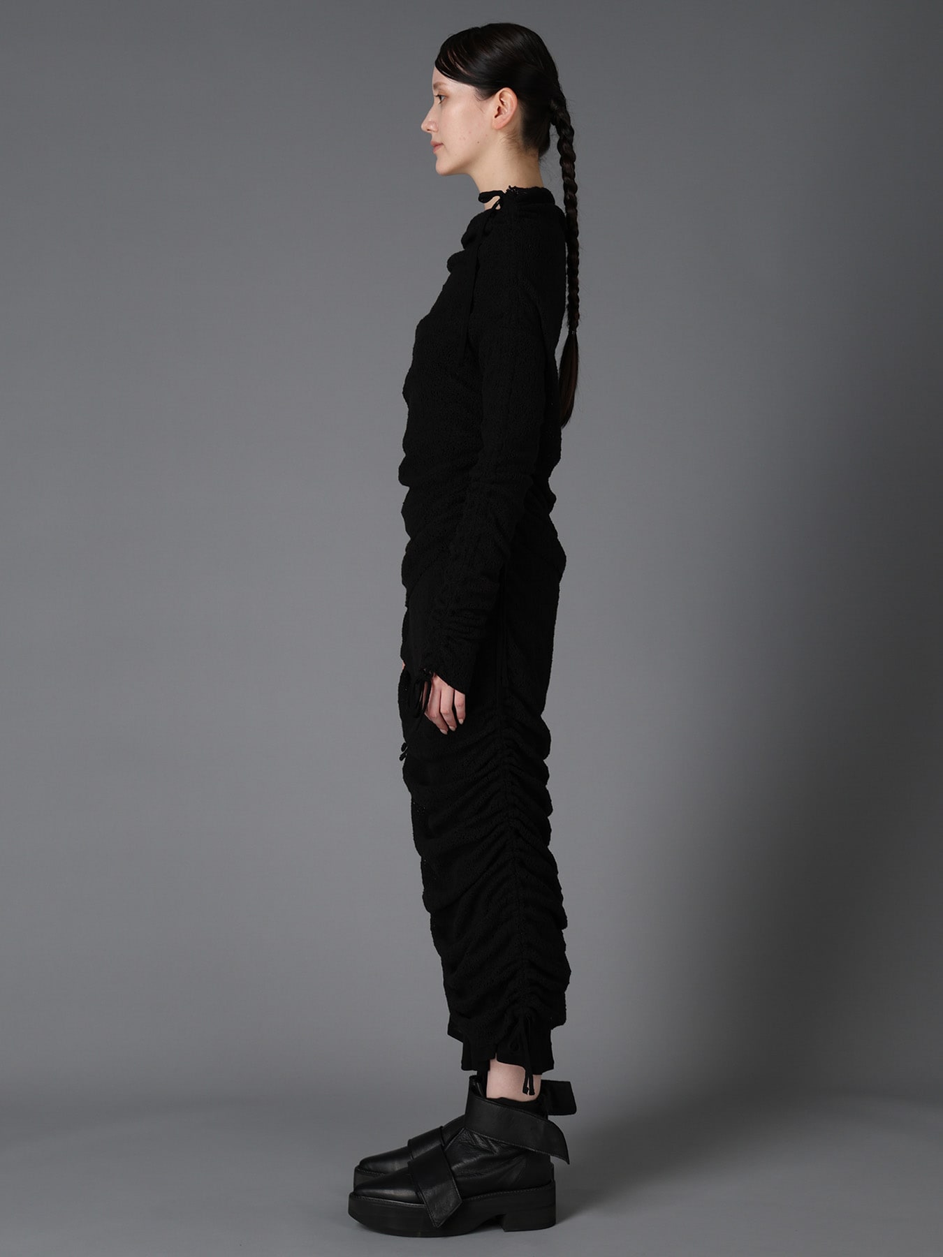 LACE+RIB KNIT GATHERED SLIM T