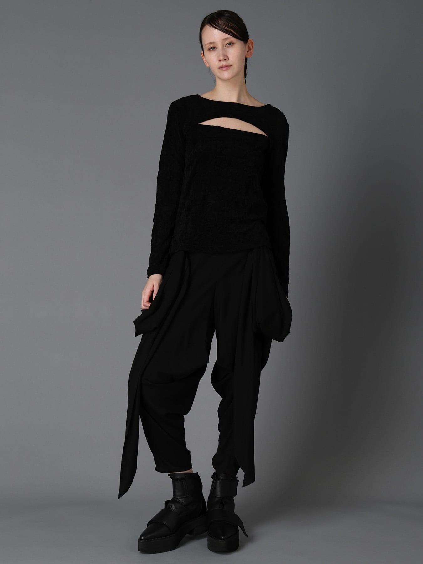 FLOCKED TULLE SLIT CHEST LONG SLEEVE T(S Black): LIMI feu｜THE