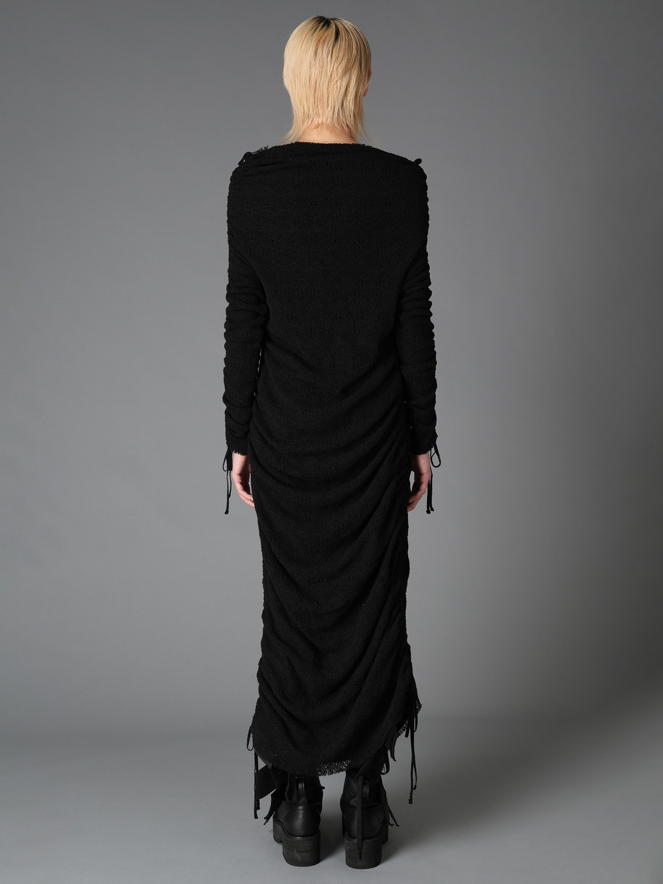 LACE+RIB KNIT GATHERED SLIM FIT DRESS(S Black): LIMI feu｜THE SHOP