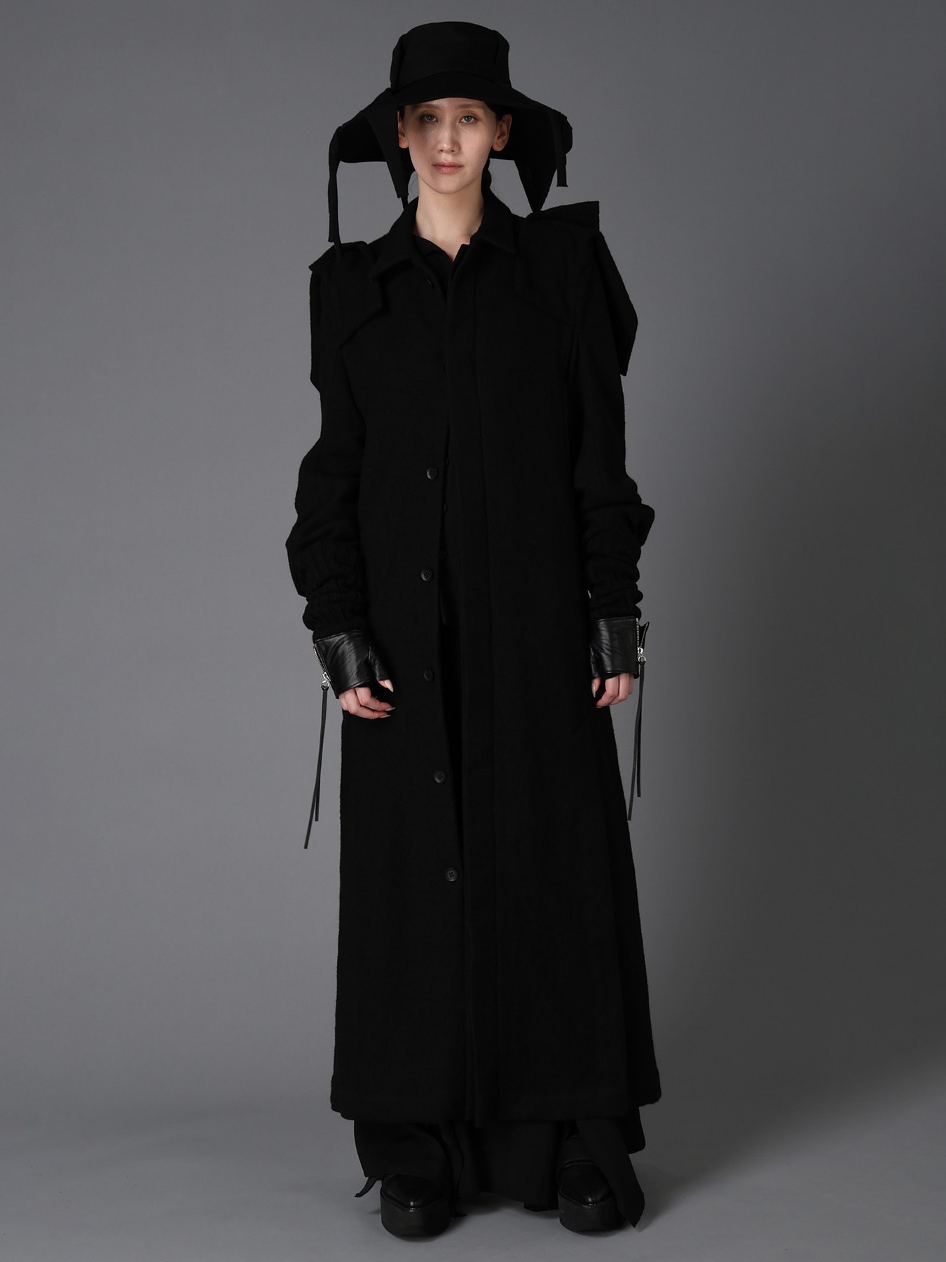 LIMI feu フード付きロングコート ブラック LAMB LEATHER+WOOL RIB KNIT LONG RIBBED LEATHER GLOVES(FREE SIZE