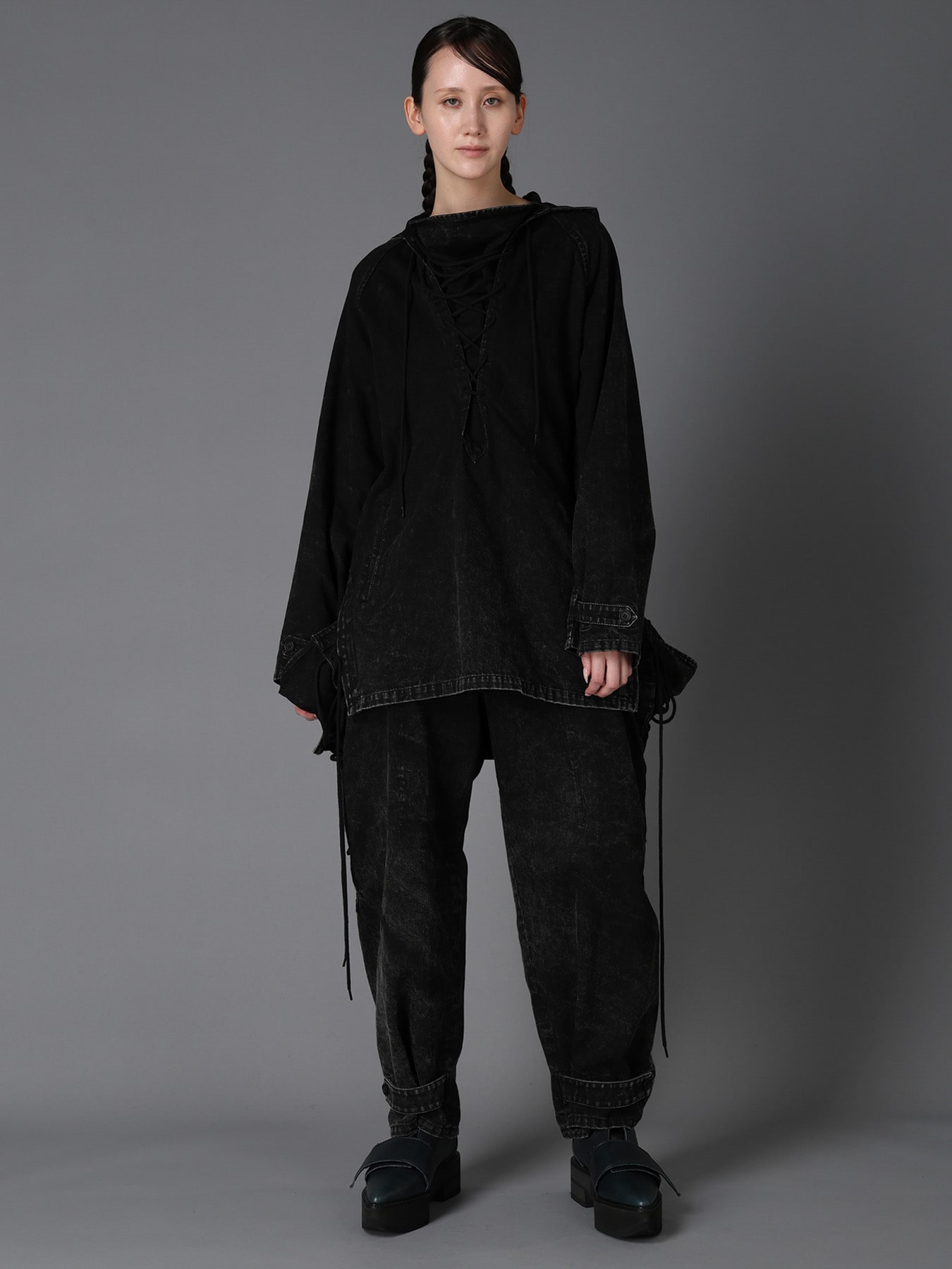 CHEMICAL BLEACHED DENIM LACE UP BLOUSON(S Black): LIMI feu｜THE