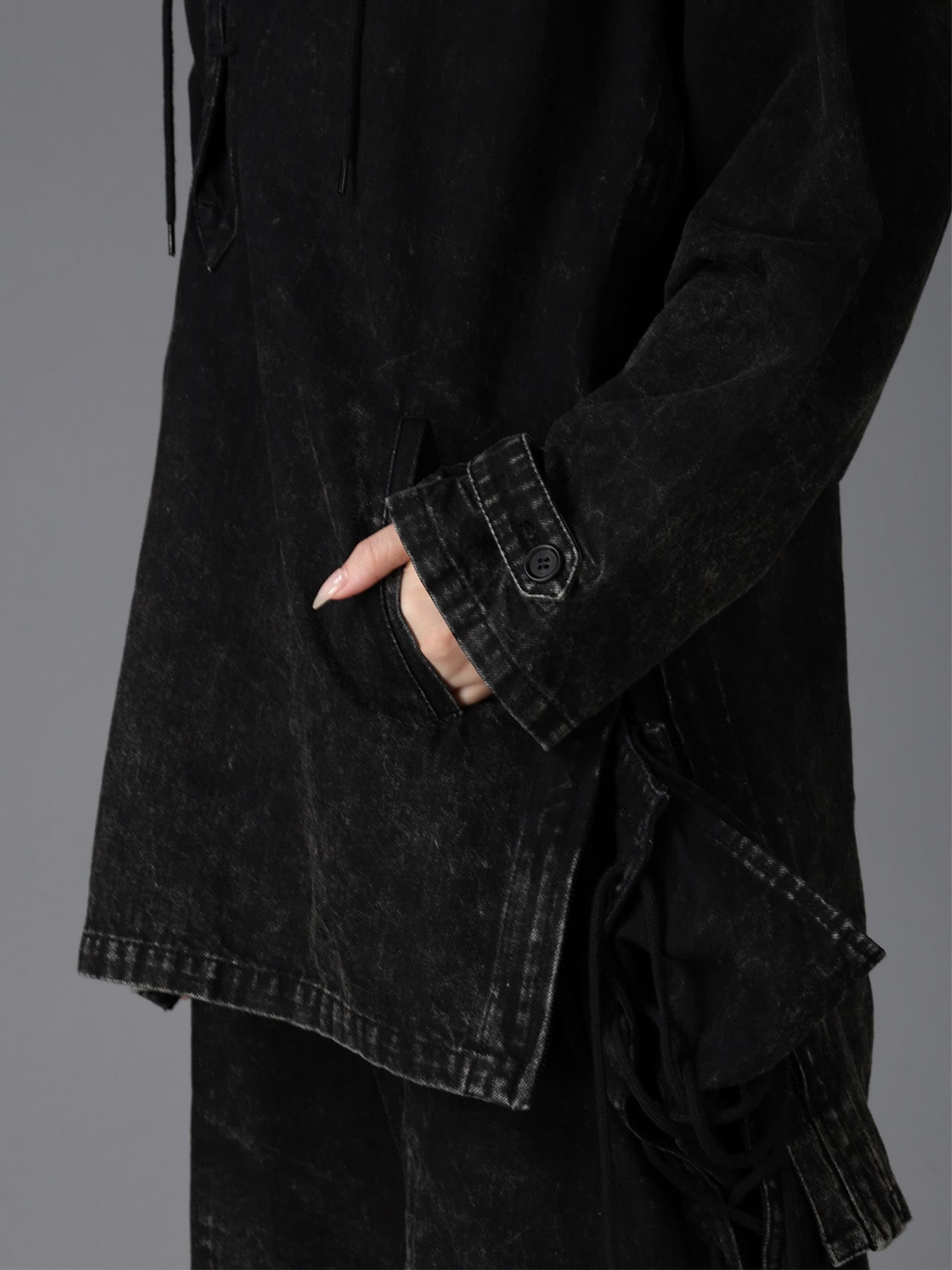 CHEMICAL BLEACHED DENIM LACE UP BLOUSON(S Black): LIMI feu｜THE